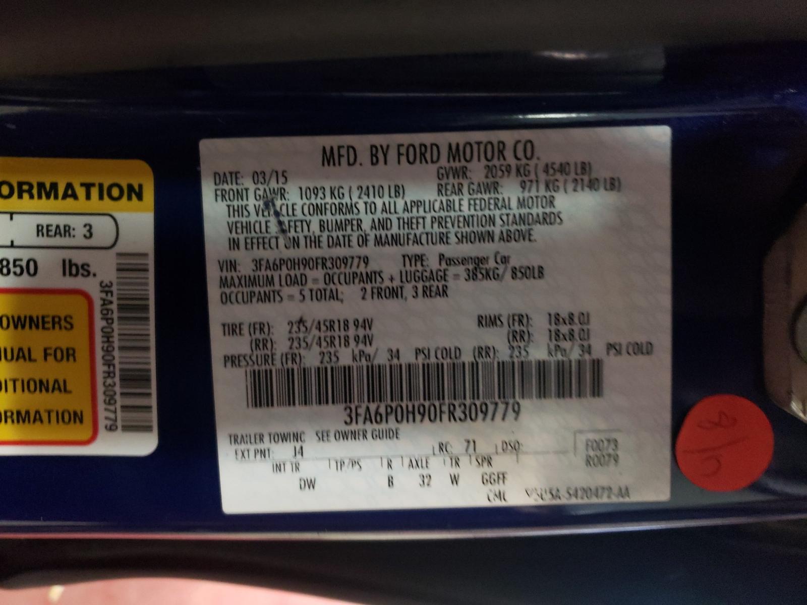 Photo 10 from auction – 2015 FORD FUSION SE with VIN 3FA6P0H90FR309779