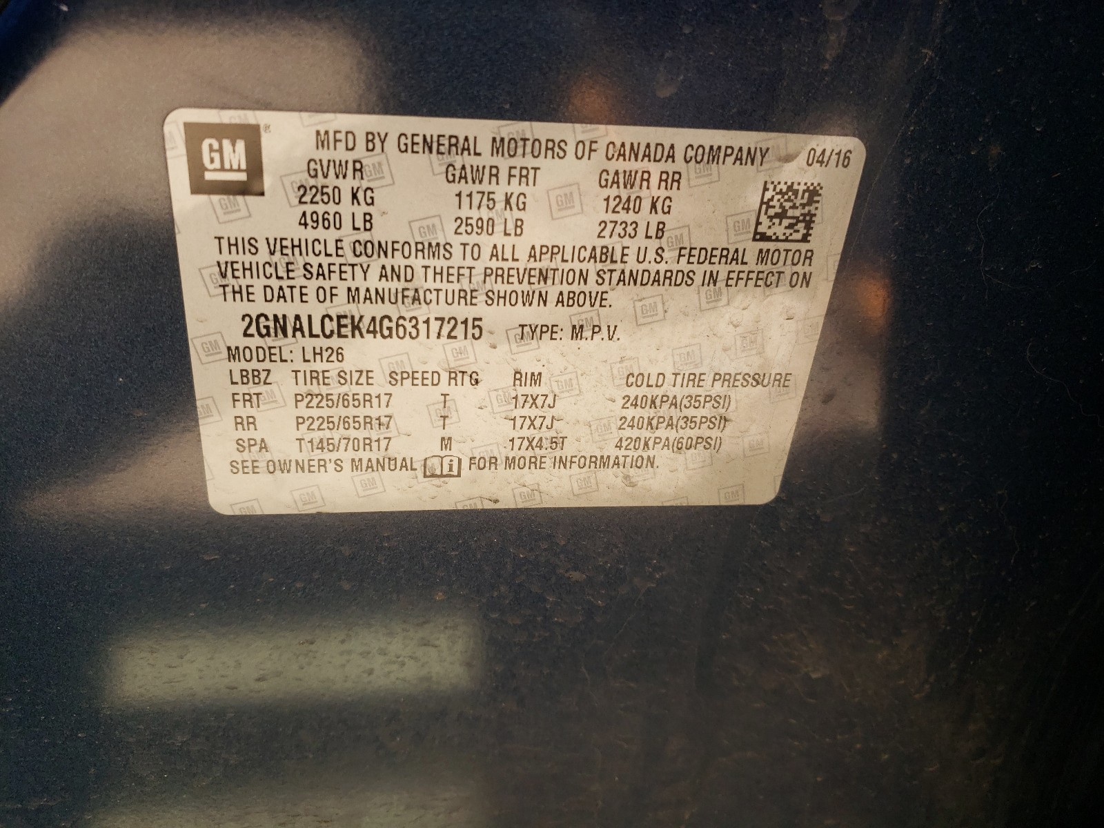 Photo 10 from auction – 2016 CHEVROLET EQUINOX LT with VIN 2GNALCEK4G6317215