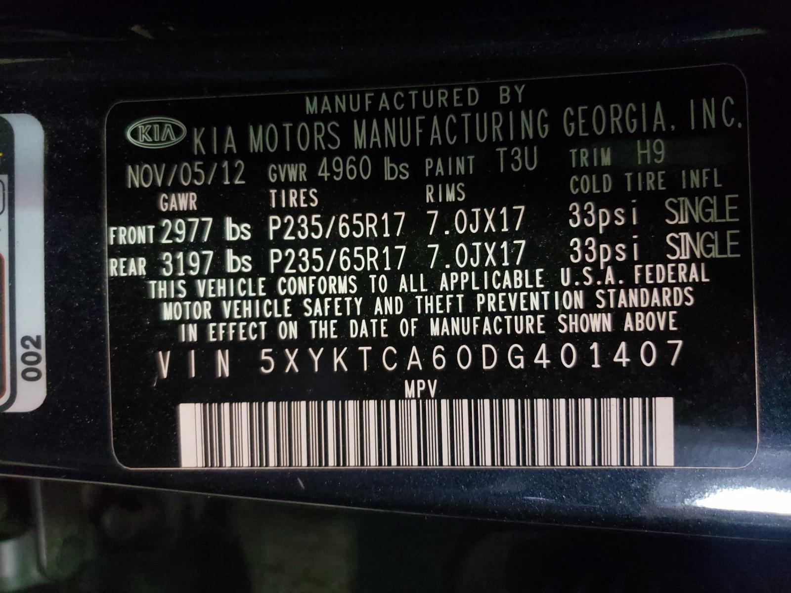 Photo 10 from auction – 2013 KIA SORENTO LX with VIN 5XYKTCA60DG401407
