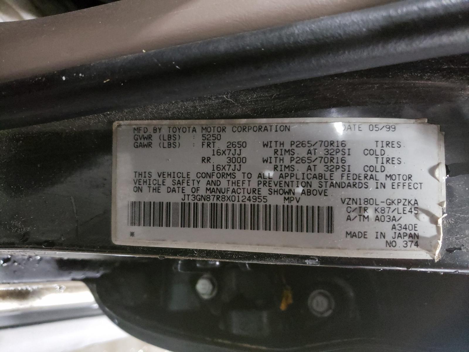 Photo 10 from auction – 1999 TOYOTA 4RUNNER LI with VIN JT3GN87R8X0124955