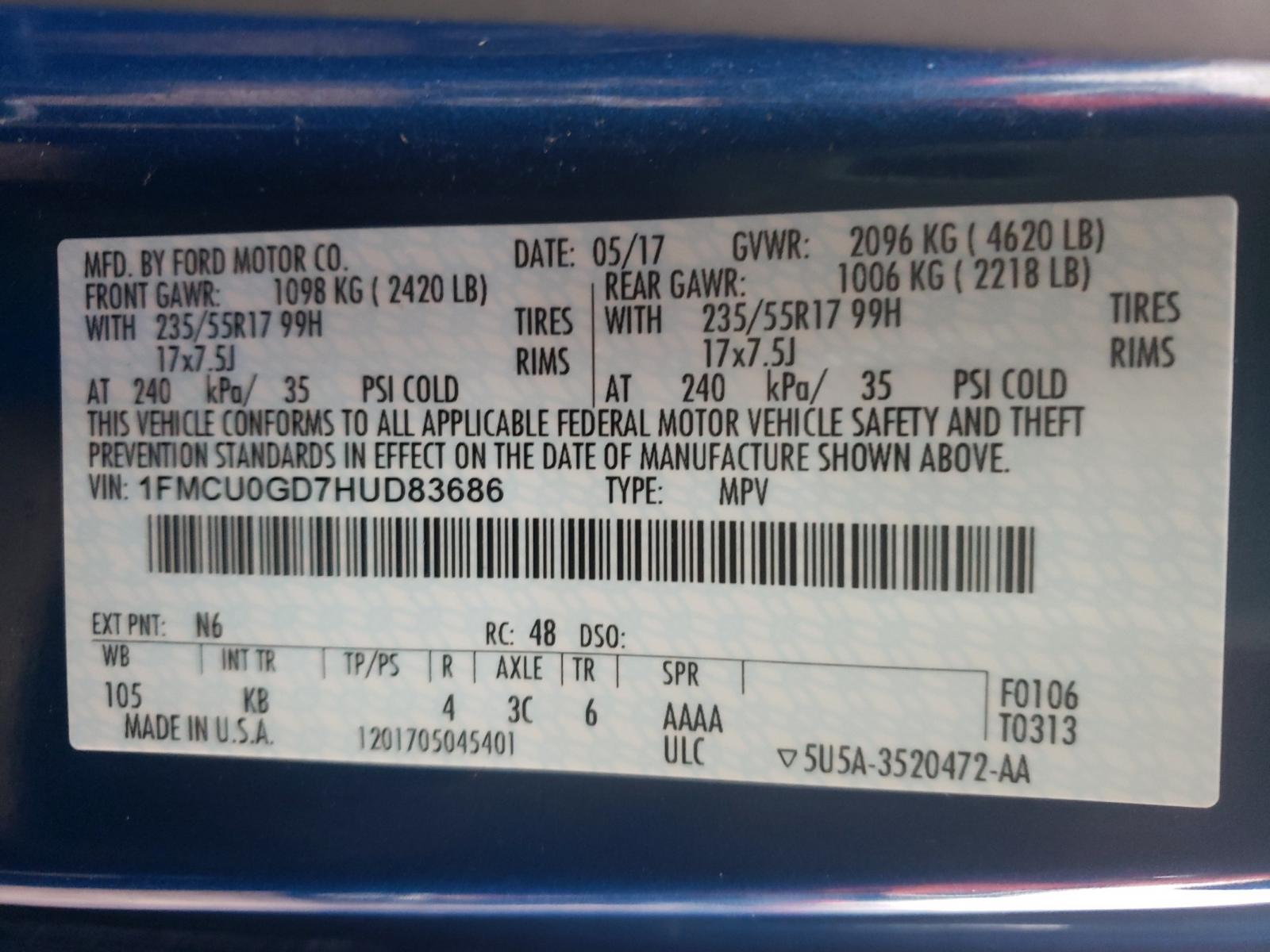 Photo 10 from auction – 2017 FORD ESCAPE with VIN 1FMCU0GD7HUD83686