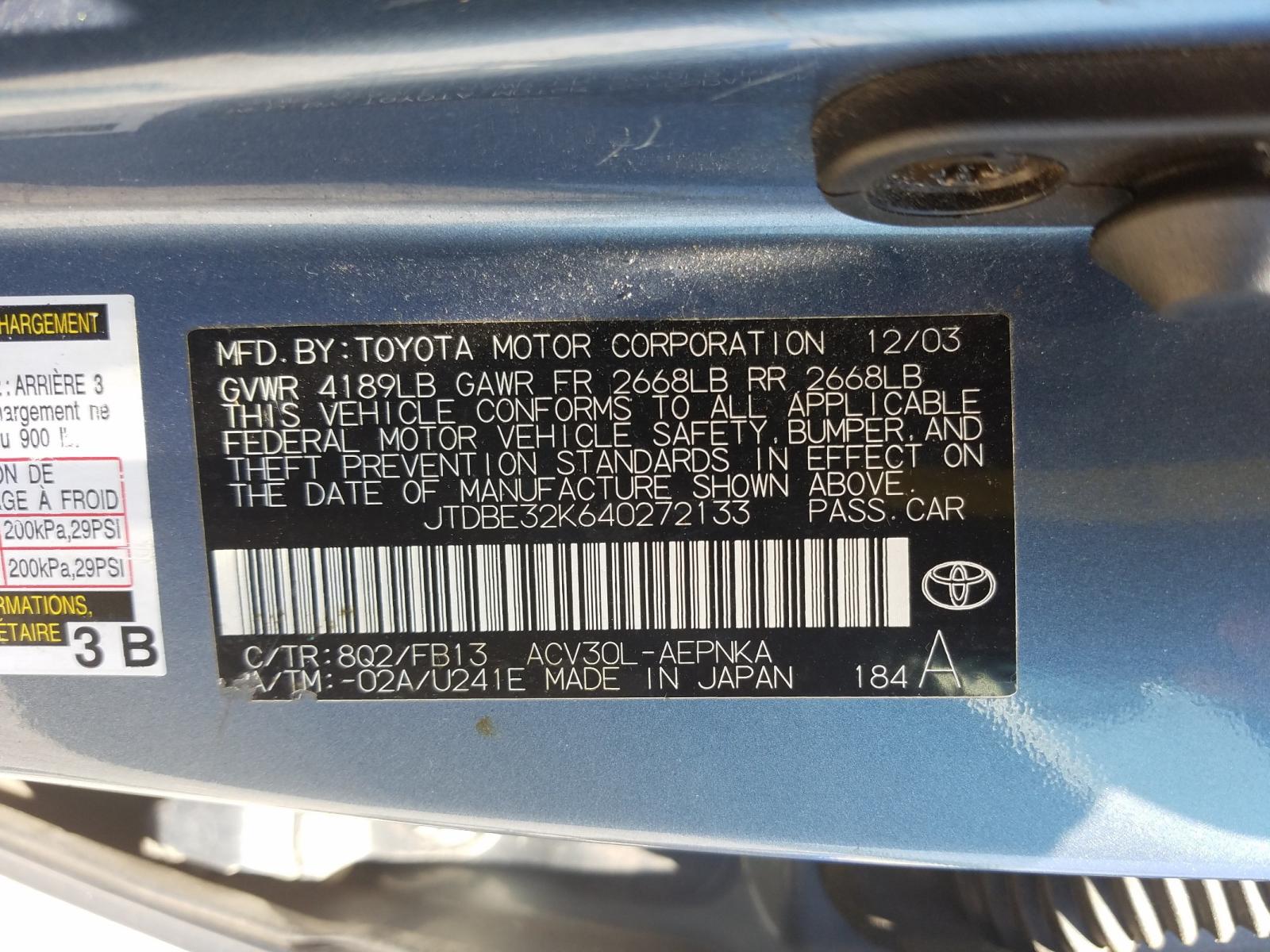 Photo 10 from auction – 2004 TOYOTA CAMRY LE with VIN JTDBE32K640272133