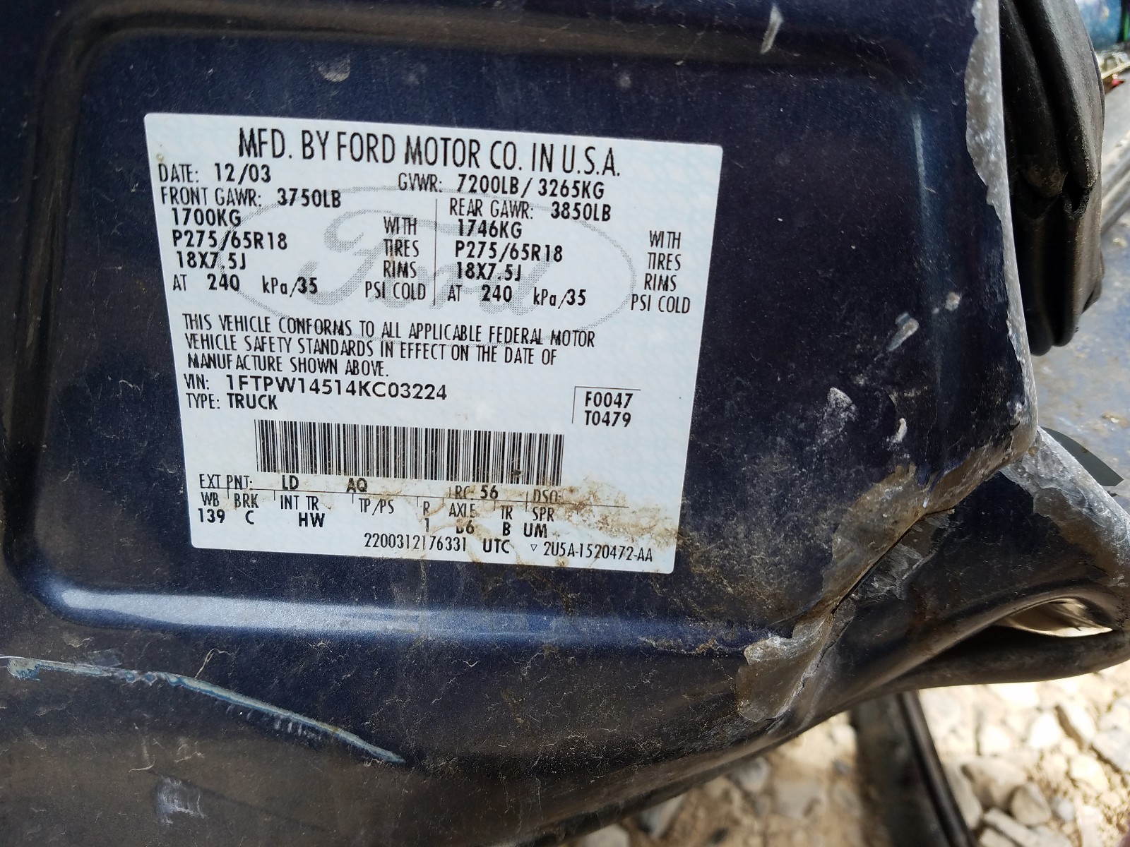 Photo 10 from auction – 2004 FORD F150 SUPER with VIN 1FTPW14514KC03224