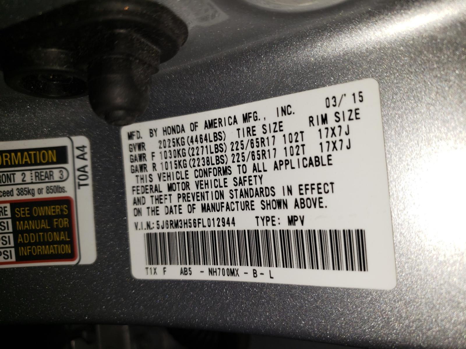 Photo 10 from auction – 2015 HONDA CR-V EX with VIN 5J6RM3H56FL012944
