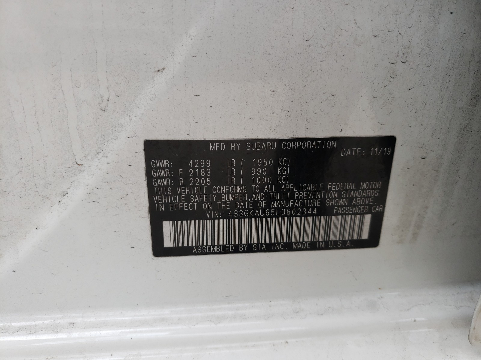 Photo 10 from auction – 2020 SUBARU IMPREZA LI with VIN 4S3GKAU65L3602344