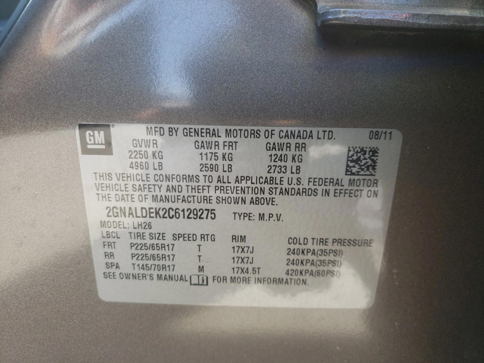 Photo 10 from auction – 2012 CHEVROLET EQUINOX LT with VIN 2GNALDEK2C6129275