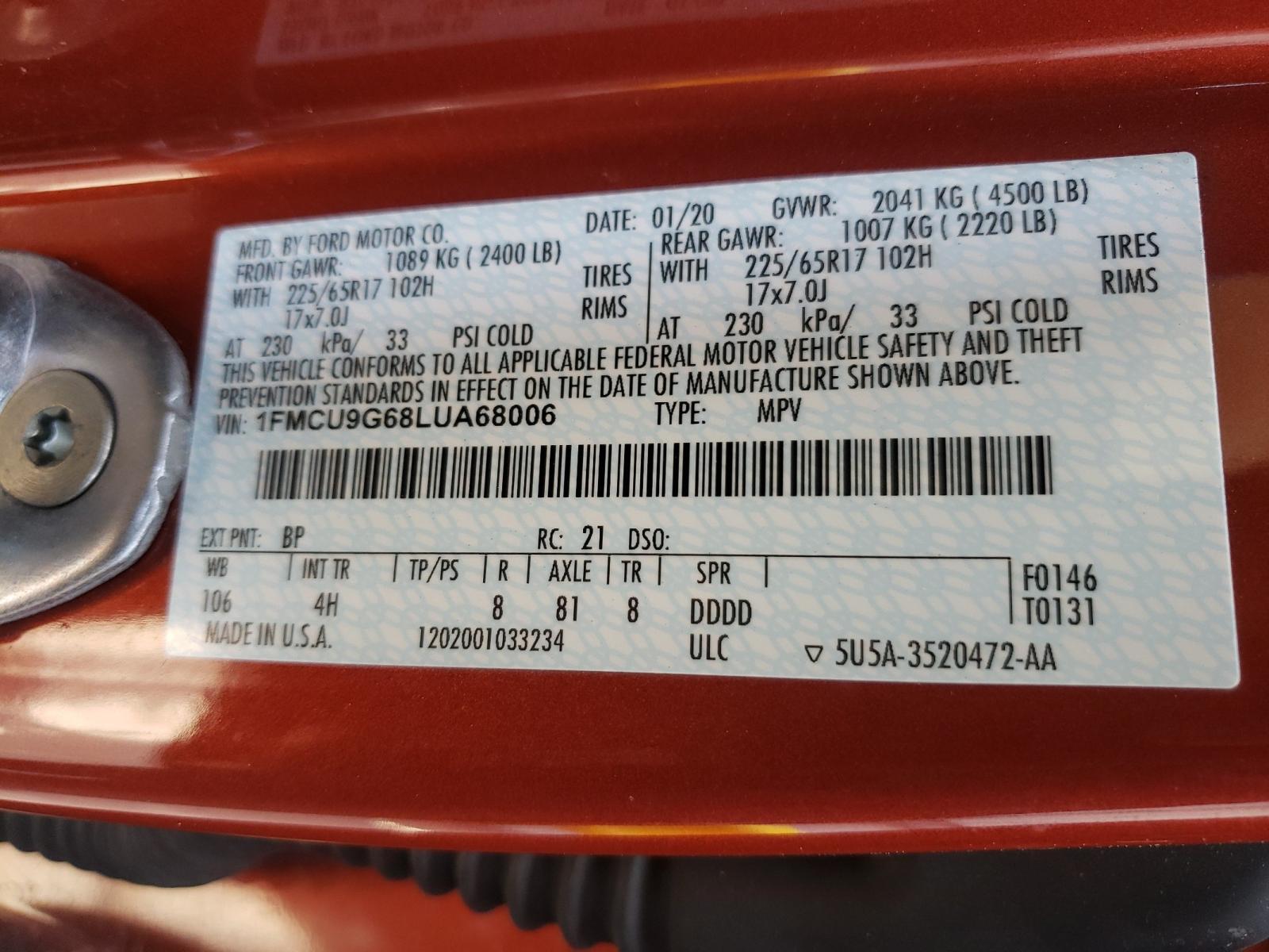 Photo 10 from auction – 2020 FORD ESCAPE SE with VIN 1FMCU9G68LUA68006