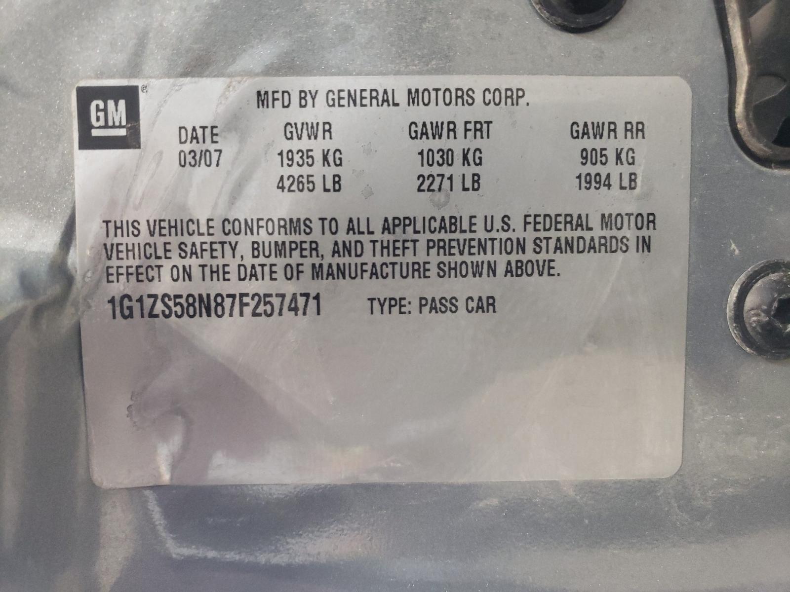 Photo 10 from auction – 2007 CHEVROLET MALIBU LS with VIN 1G1ZS58N87F257471