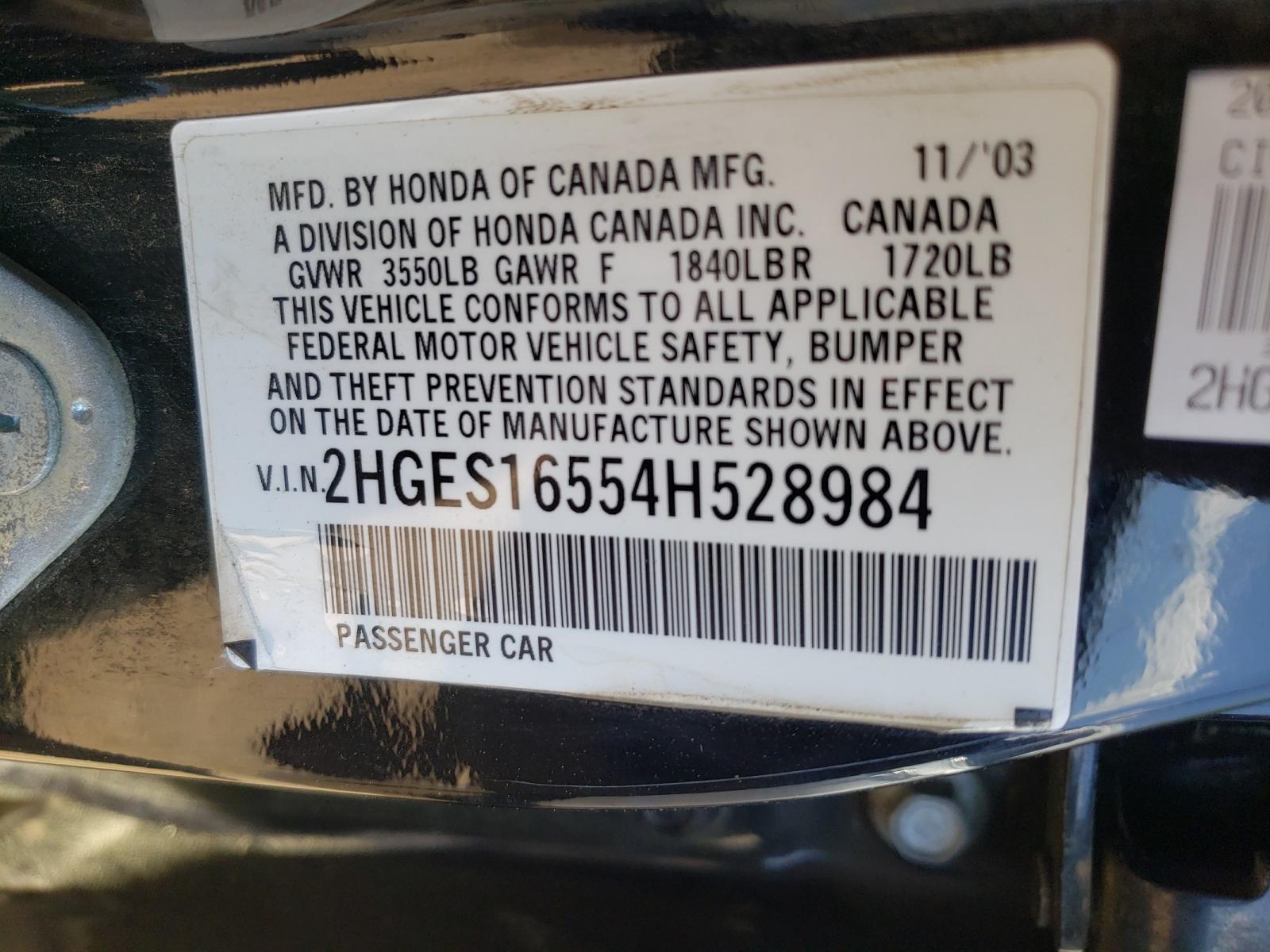 Photo 10 from auction – 2004 HONDA CIVIC LX with VIN 2HGES16554H528984
