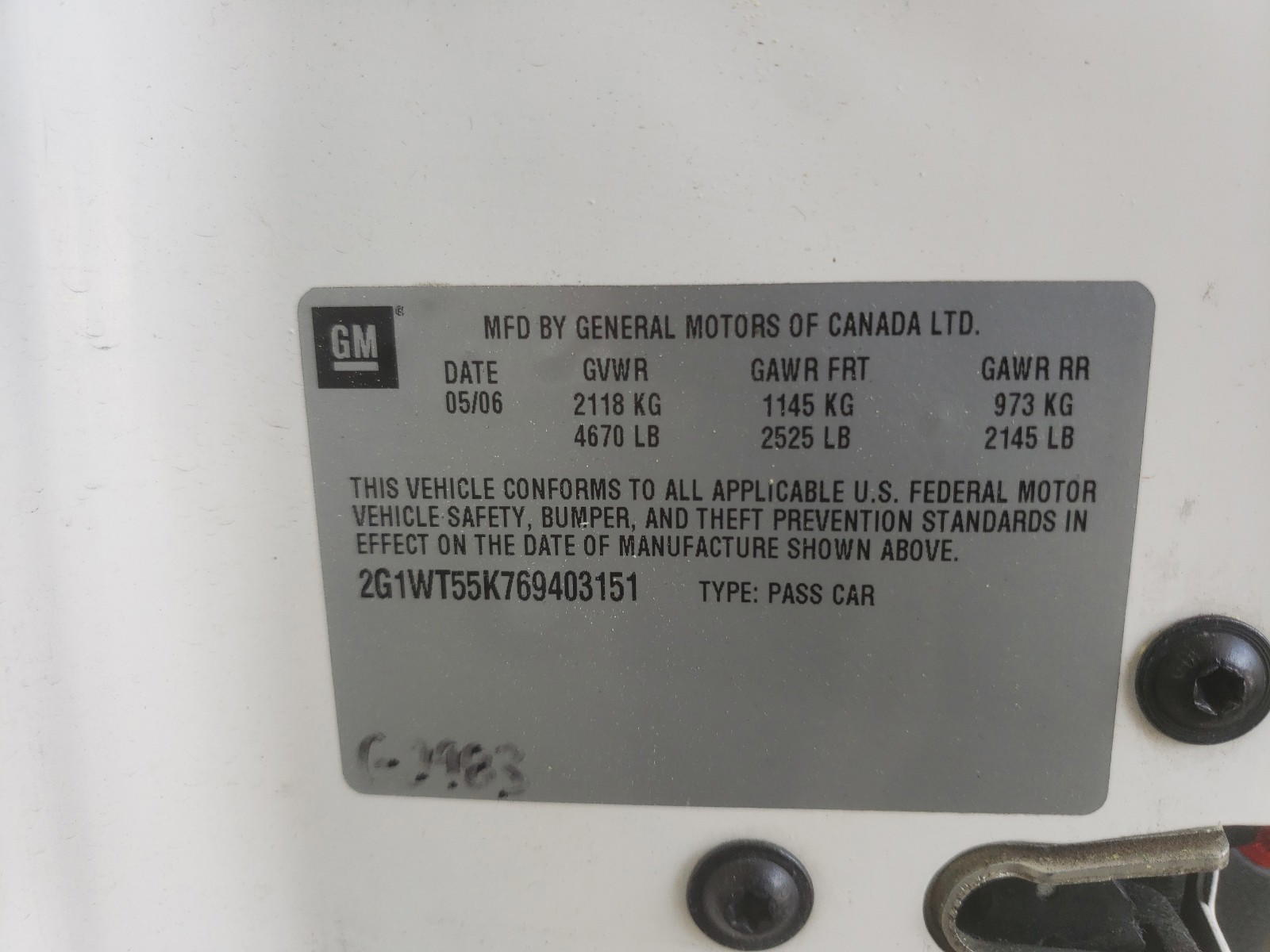 Photo 10 from auction – 2006 CHEVROLET IMPALA LT with VIN 2G1WT55K769403151