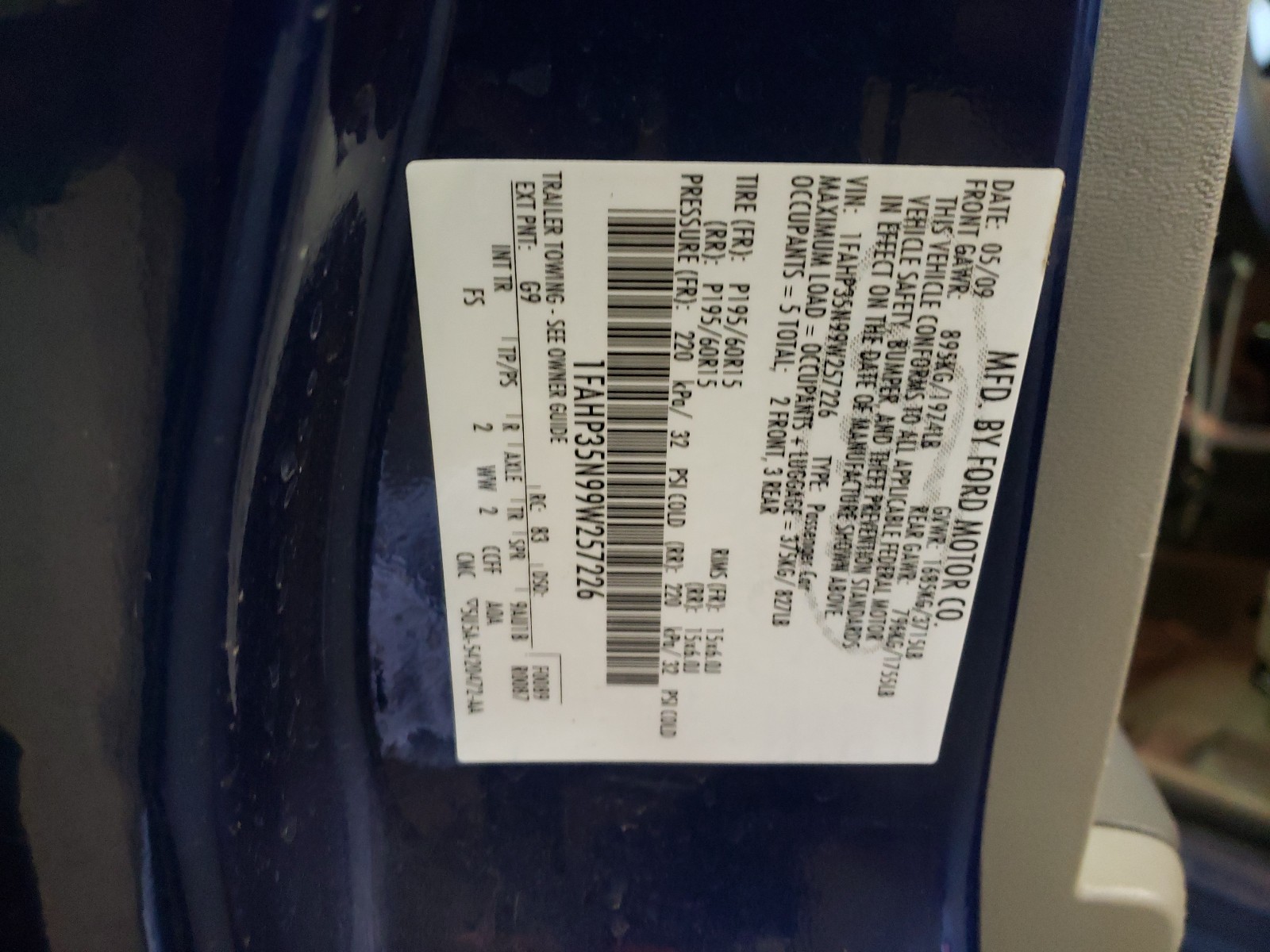 Photo 10 from auction – 2009 FORD FOCUS SE with VIN 1FAHP35N99W257226