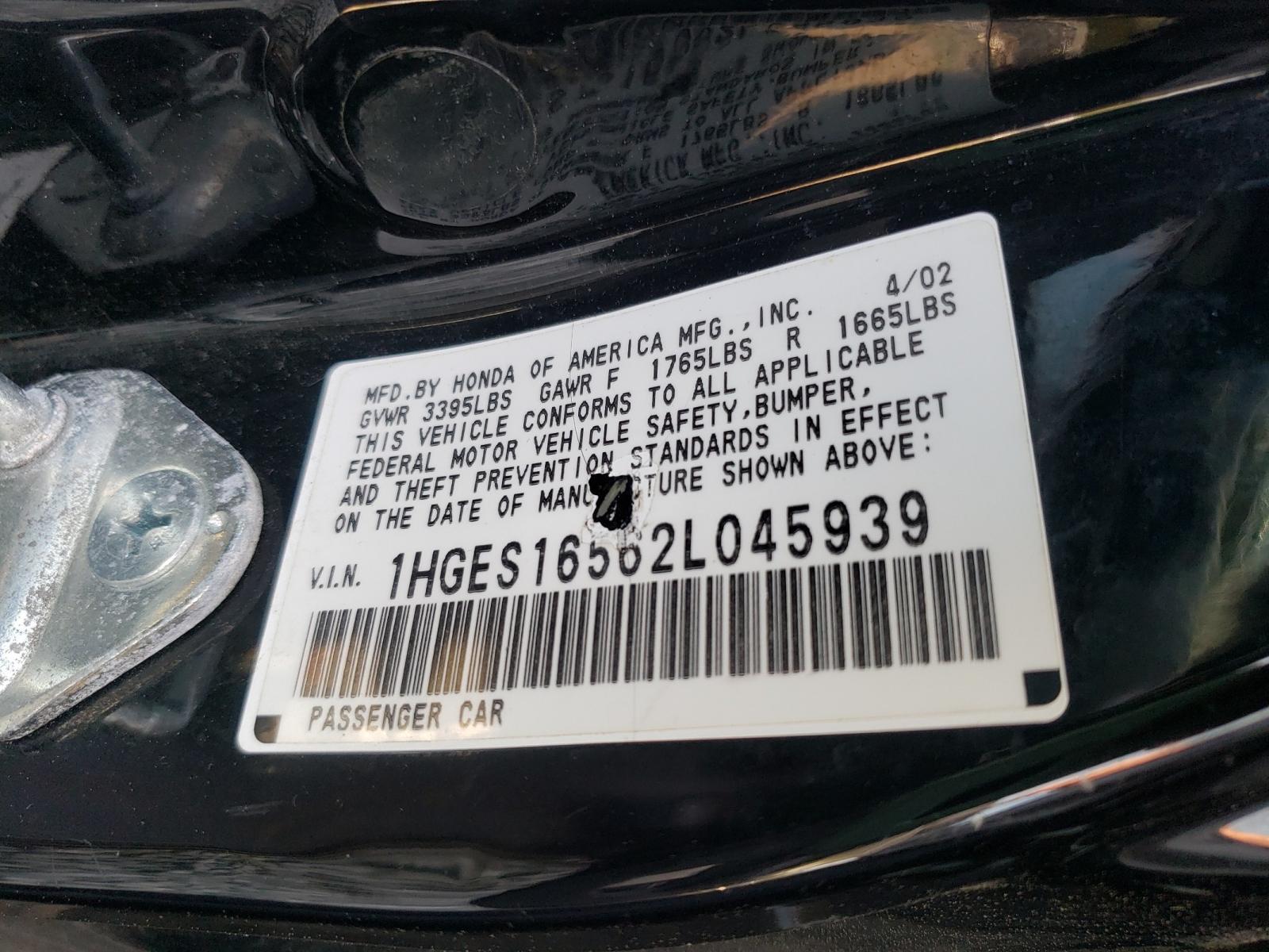 Photo 10 from auction – 2002 HONDA CIVIC LX with VIN 1HGES16562L045939