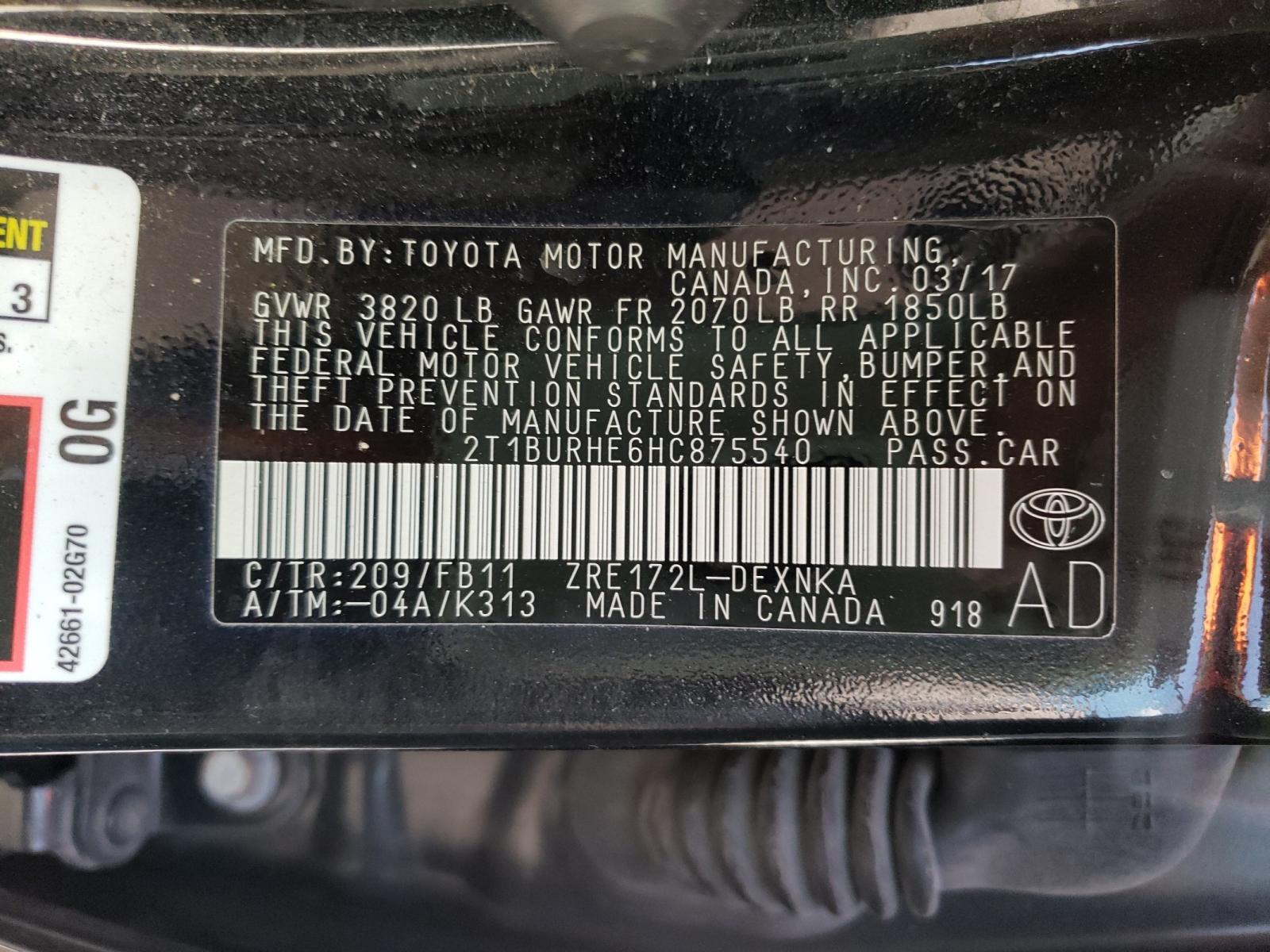 Photo 10 from auction – 2017 TOYOTA COROLLA L with VIN 2T1BURHE6HC875540