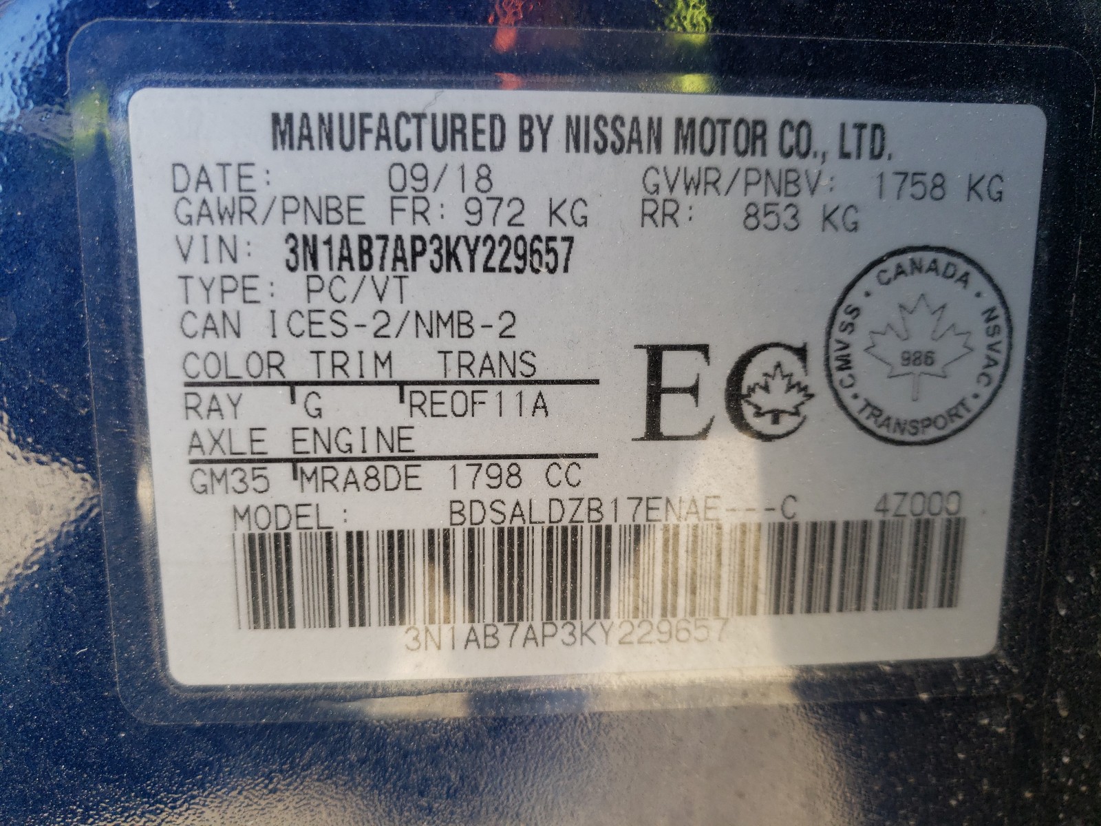 Photo 20 from auction – 2019 NISSAN SENTRA S with VIN 3N1AB7AP3KY229657