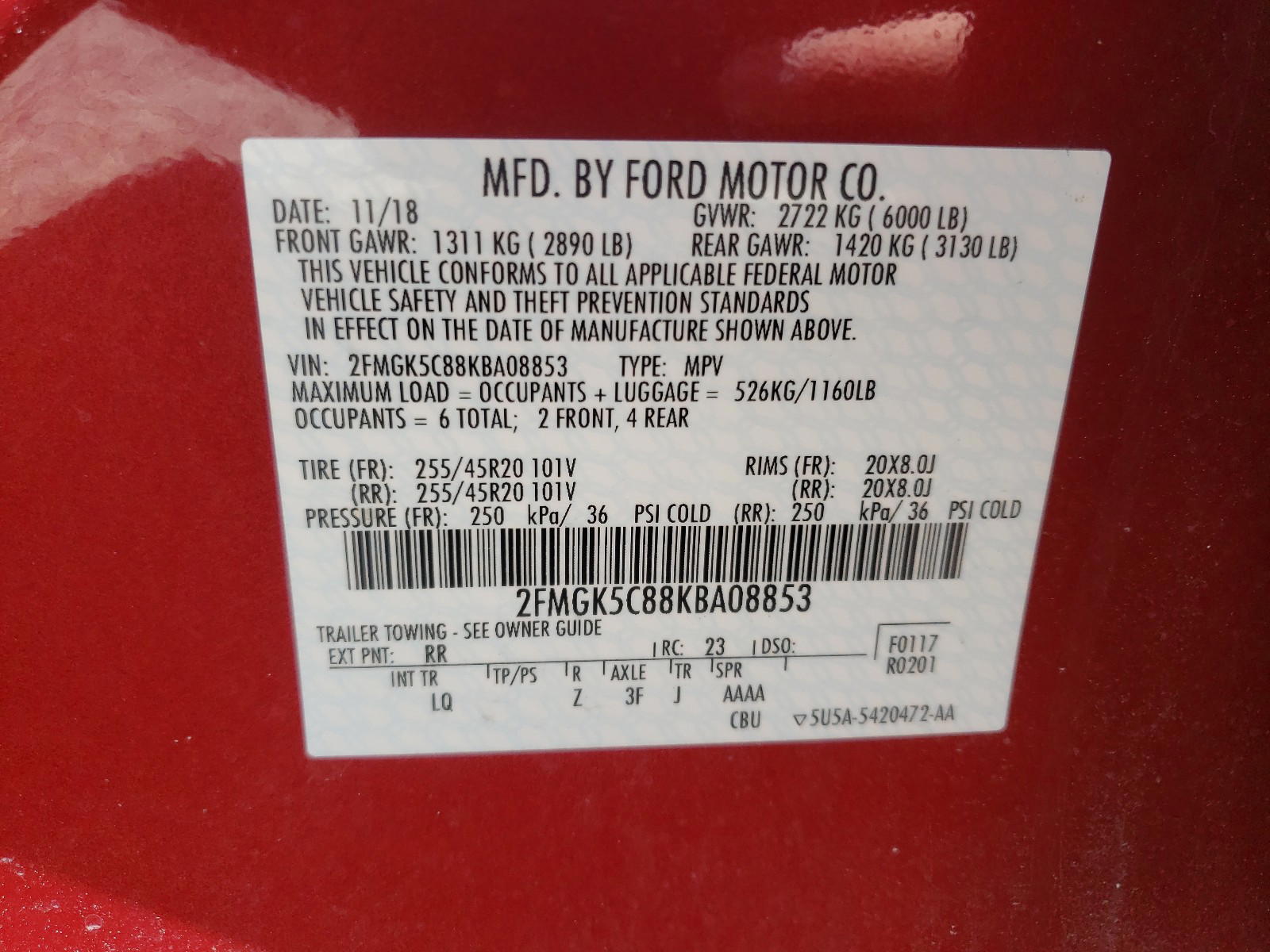 Photo 10 from auction – 2019 FORD FLEX SEL with VIN 2FMGK5C88KBA08853