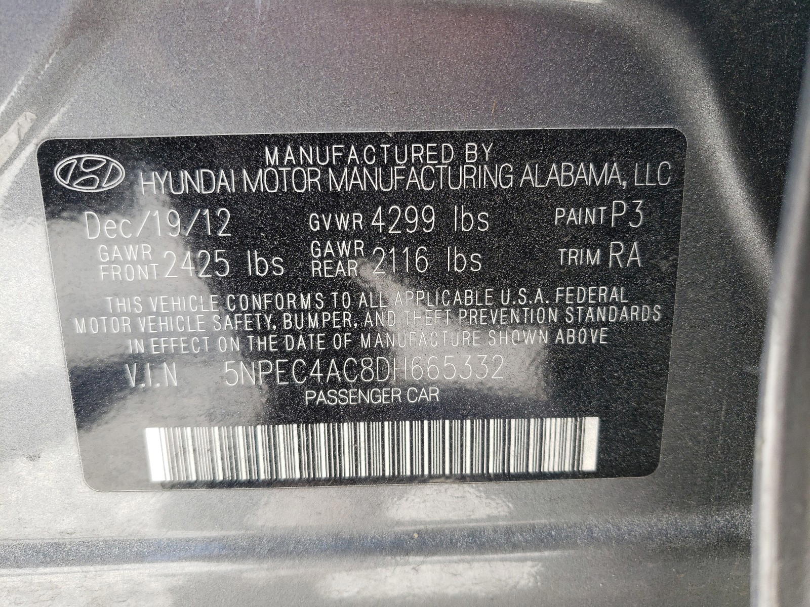Photo 10 from auction – 2013 HYUNDAI SONATA SE with VIN 5NPEC4AC8DH665332