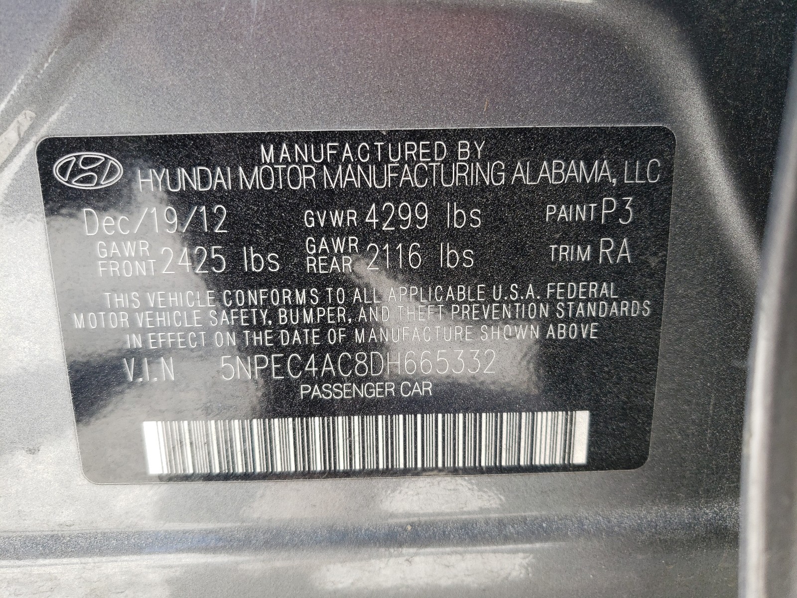 Zdjęcie 10 z aukcji – 2013 HYUNDAI SONATA SE z VIN 5NPEC4AC8DH665332