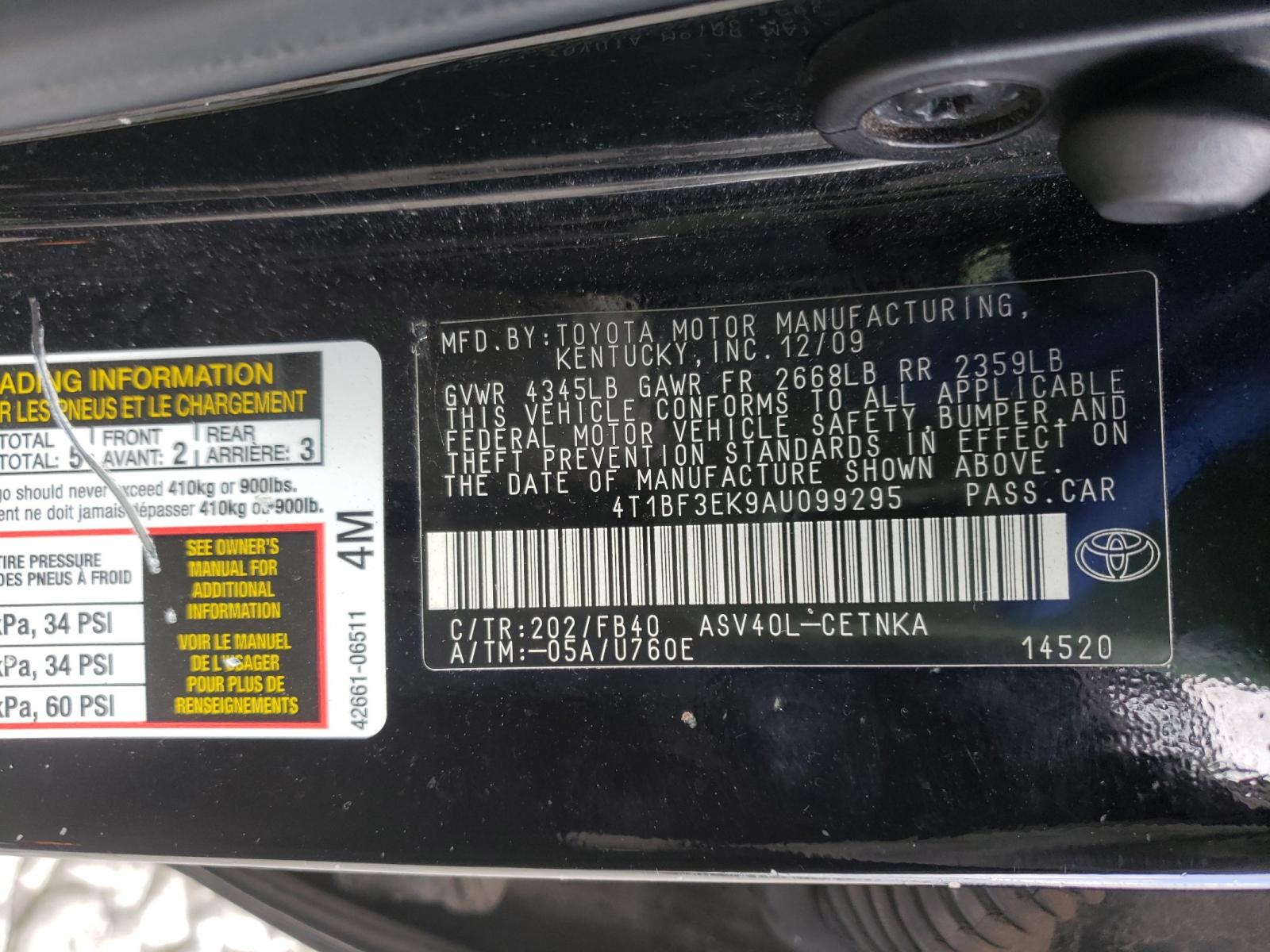 Photo 10 from auction – 2010 TOYOTA CAMRY BASE with VIN 4T1BF3EK9AU099295