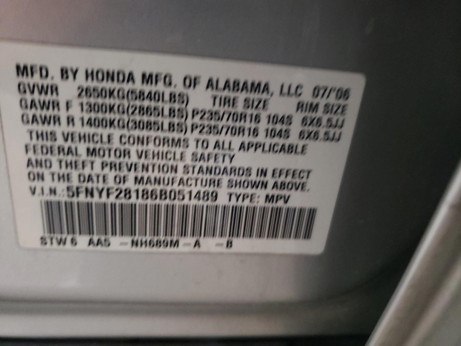 Photo 10 from auction – 2006 HONDA PILOT LX with VIN 5FNYF28186B051489