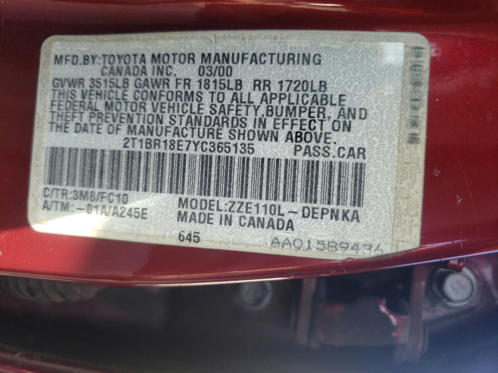 Photo 10 from auction – 2000 TOYOTA COROLLA VE with VIN 2T1BR18E7YC365135