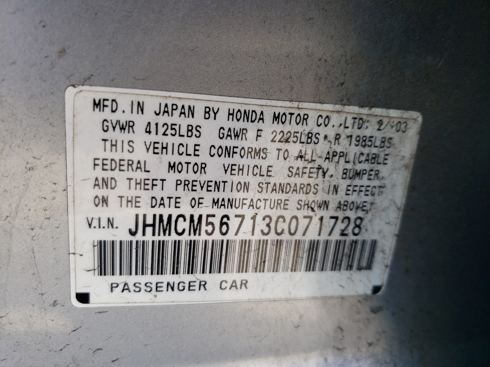 Photo 10 from auction – 2003 HONDA ACCORD EX with VIN JHMCM56713C071728