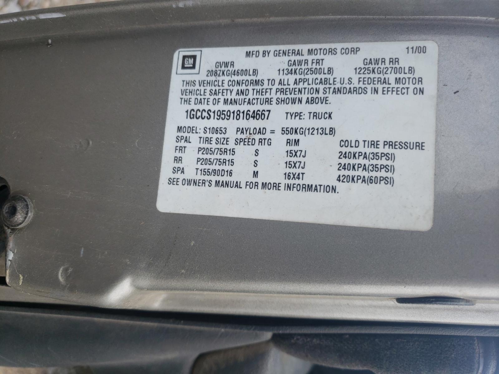 Photo 10 from auction – 2001 CHEVROLET OTHER with VIN 1GCCS195918164667