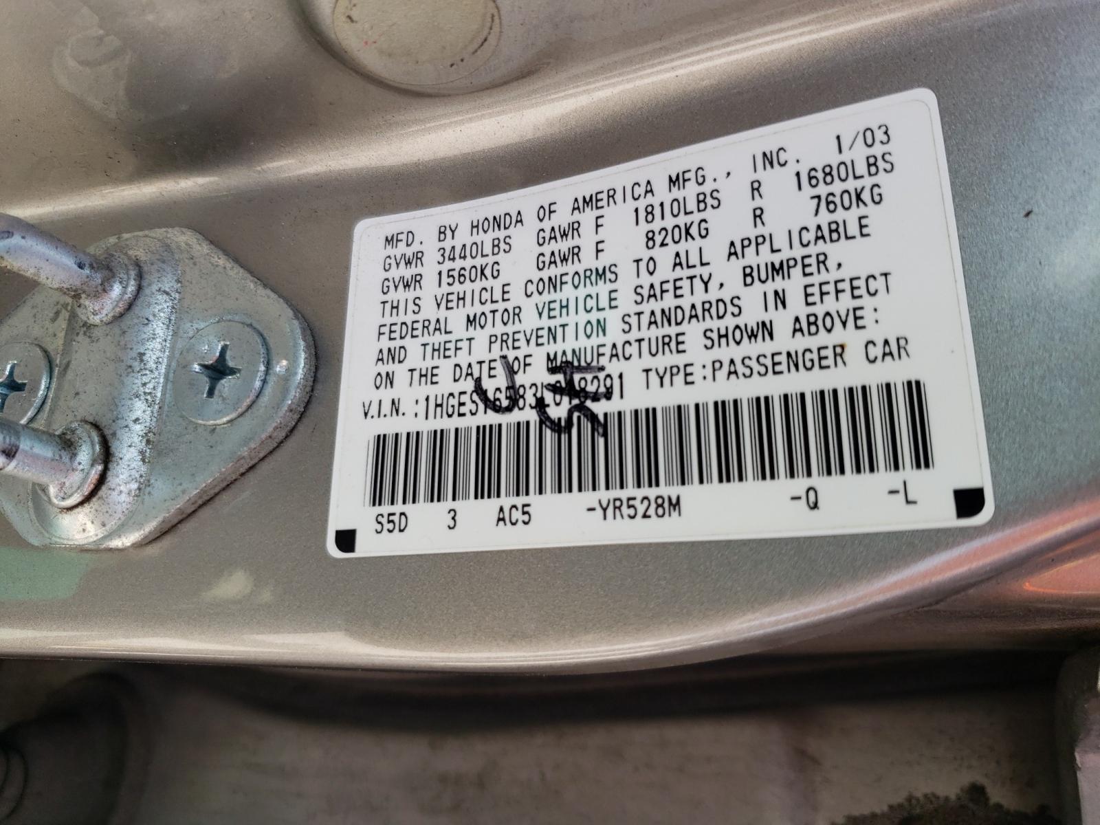 Photo 10 from auction – 2003 HONDA CIVIC with VIN 1HGES16583L018291