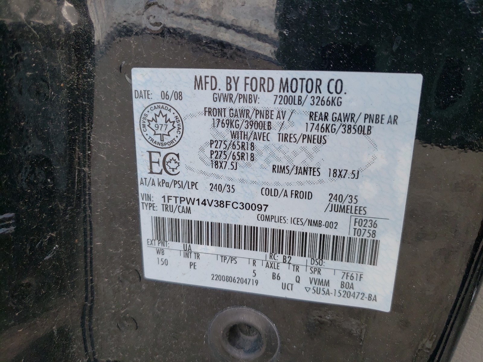 Photo 10 from auction – 2008 FORD F150 SUPER with VIN 1FTPW14V38FC30097