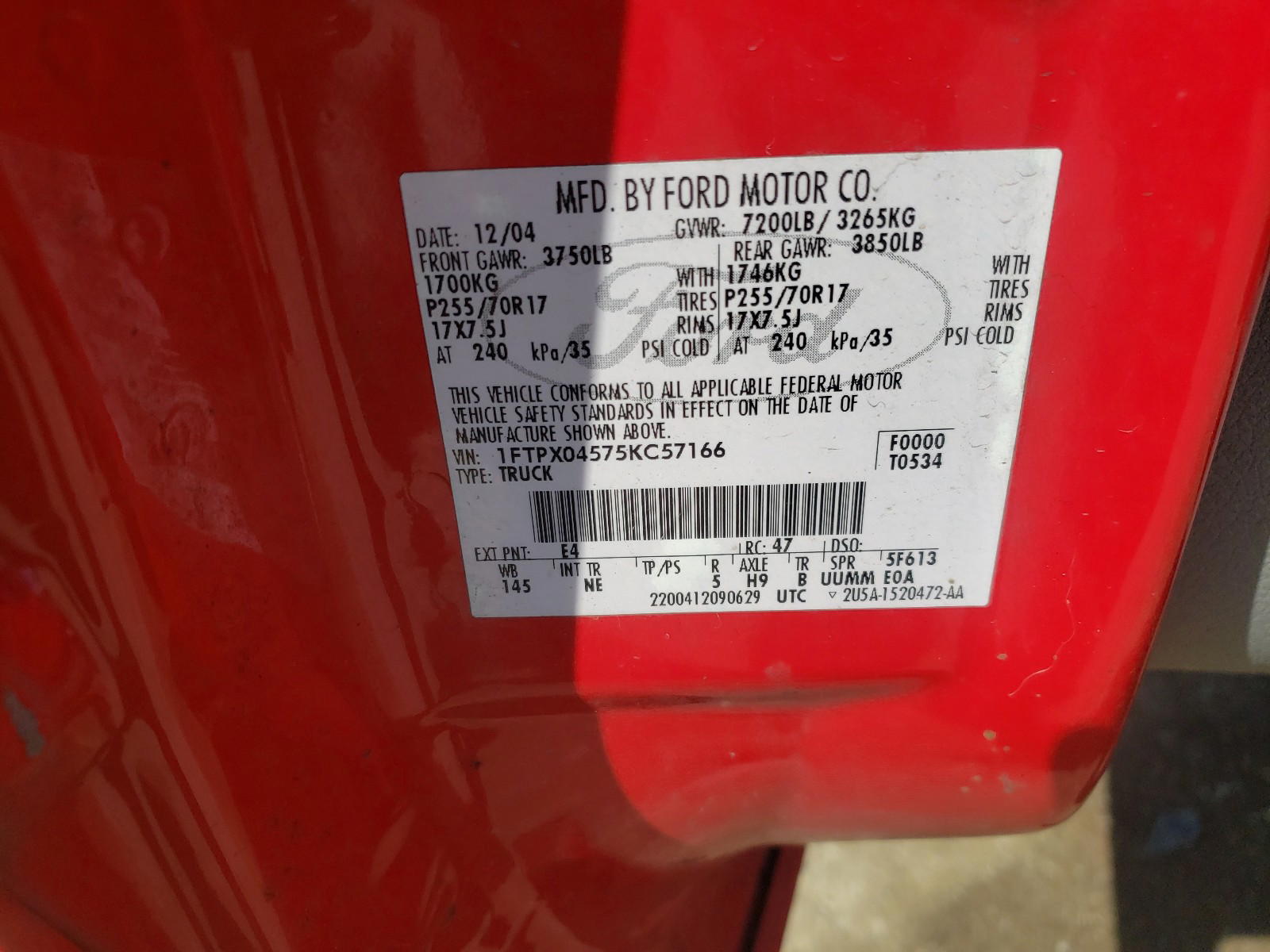 Photo 10 from auction – 2005 FORD F150 with VIN 1FTPX04575KC57166