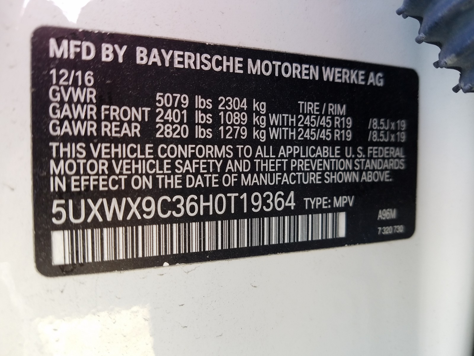 Photo 10 from auction – 2017 BMW X3 XDRIVE2 with VIN 5UXWX9C36H0T19364