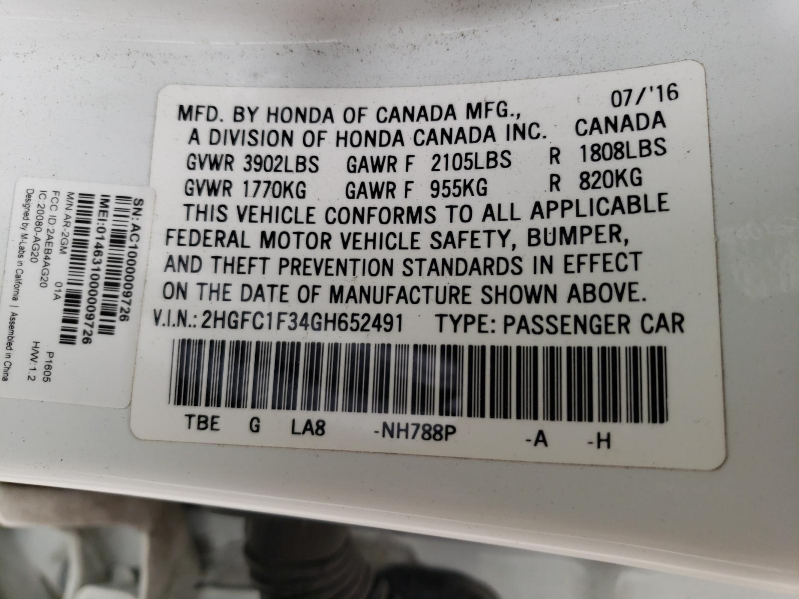 Photo 10 from auction – 2016 HONDA CIVIC EX with VIN 2HGFC1F34GH652491