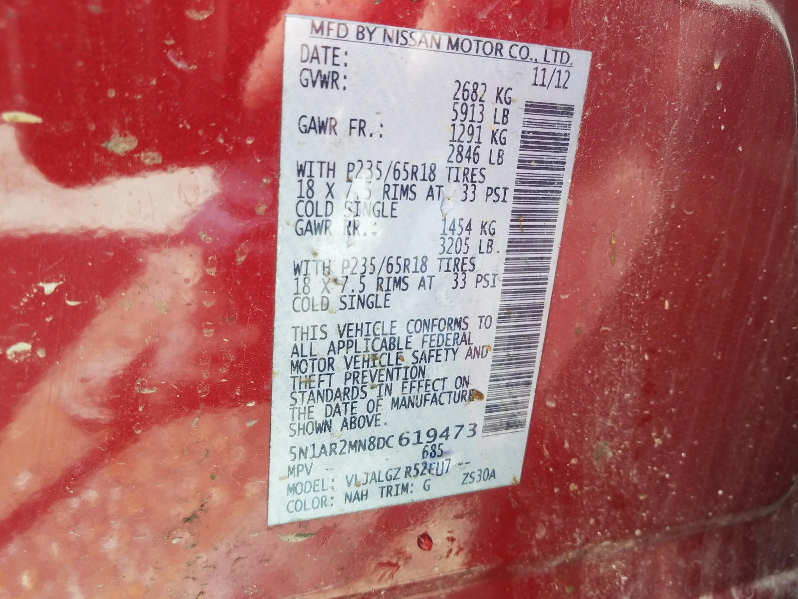 Photo 10 from auction – 2013 NISSAN PATHFINDER with VIN 5N1AR2MN8DC619473