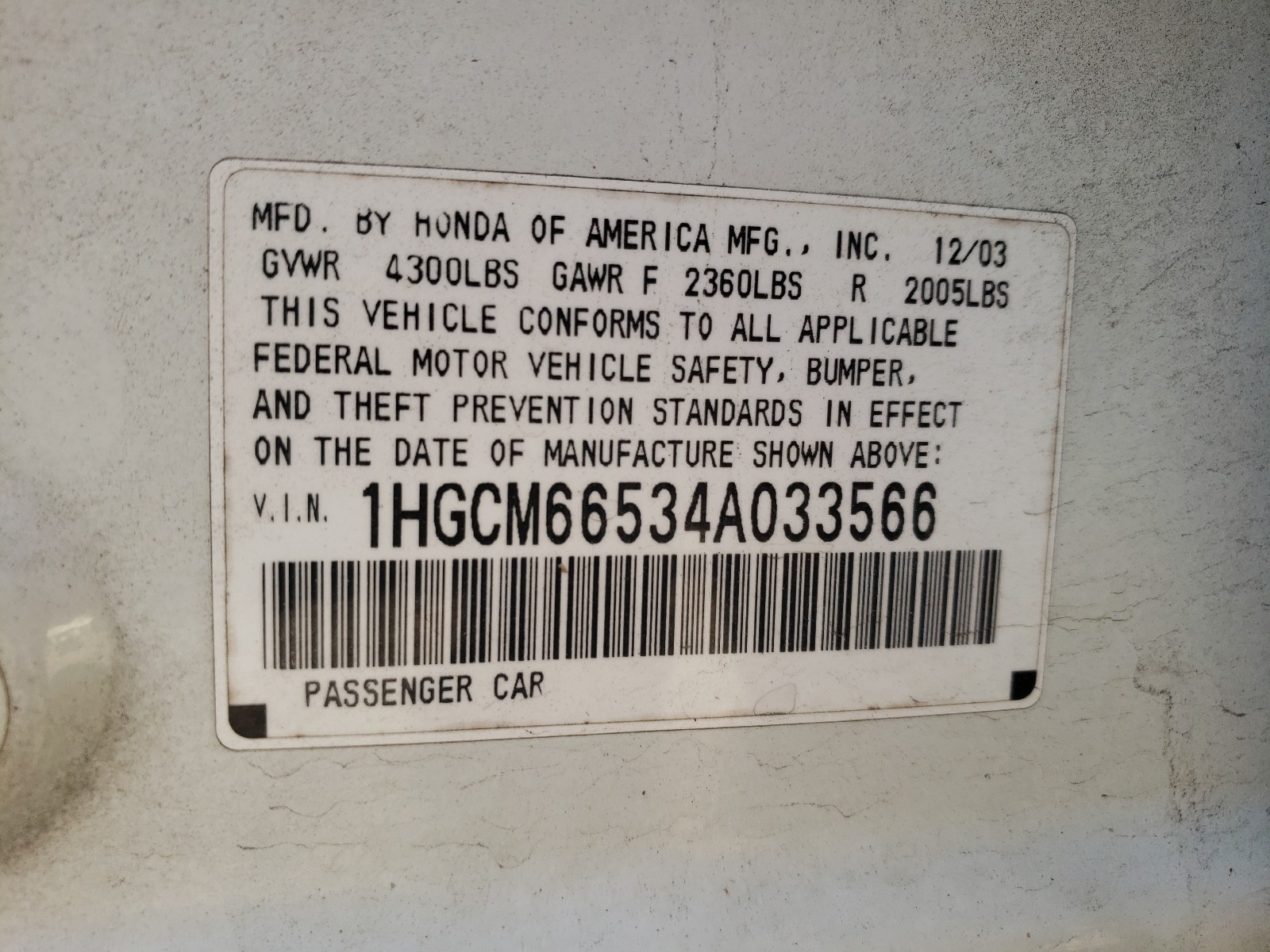 Photo 10 from auction – 2004 HONDA ACCORD EX with VIN 1HGCM66534A033566