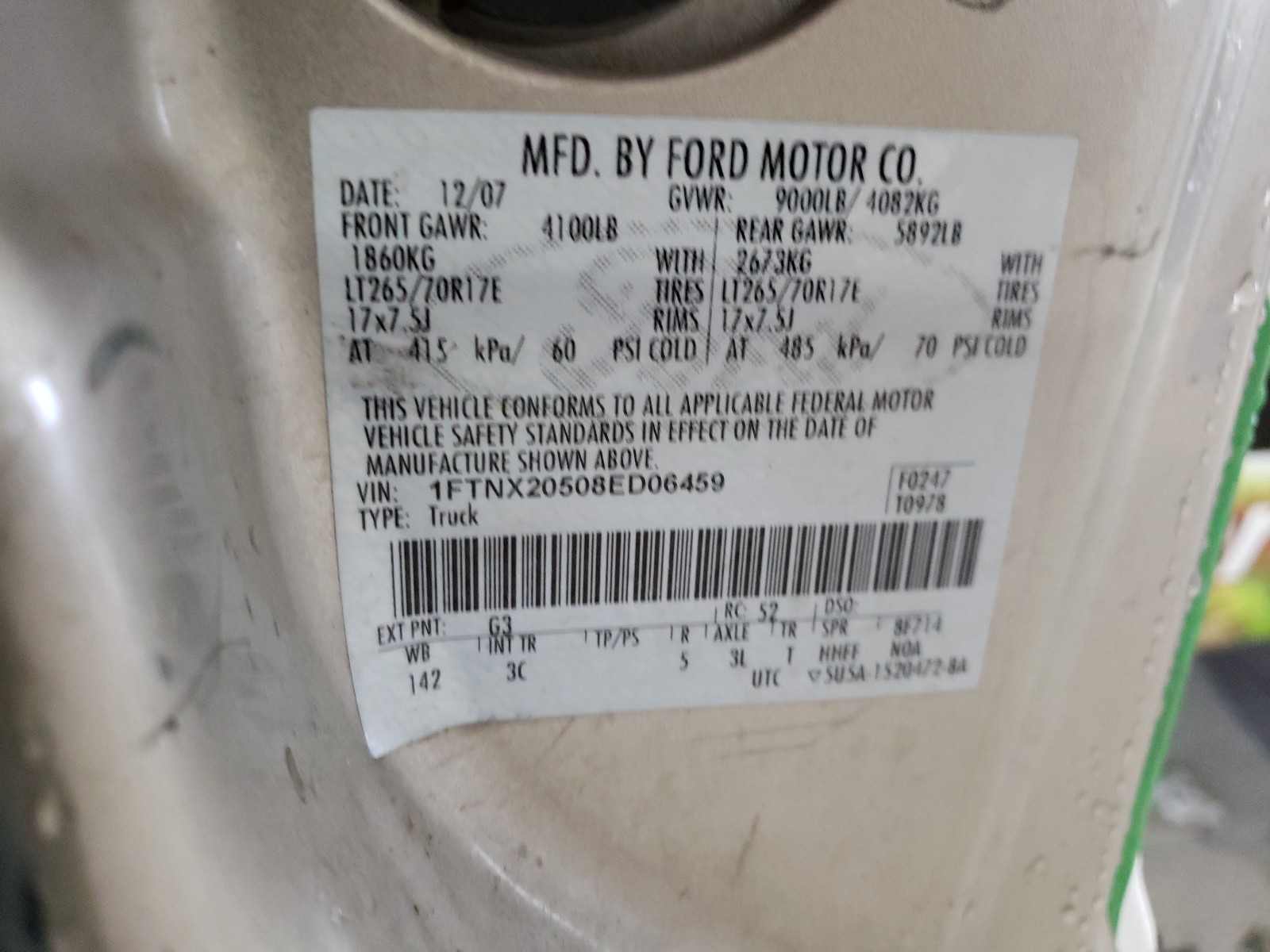 Photo 10 from auction – 2008 FORD F250 SUPER with VIN 1FTNX20508ED06459