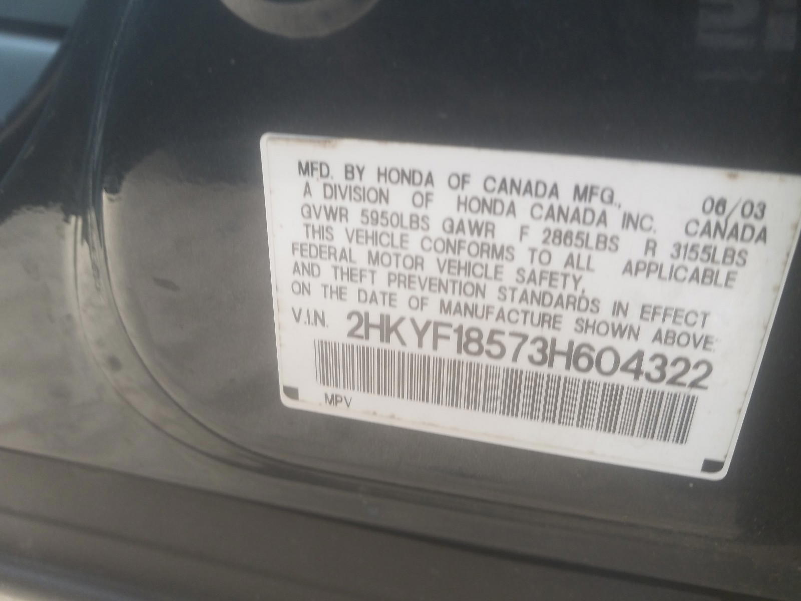 Photo 10 from auction – 2003 HONDA PILOT EXL with VIN 2HKYF18573H604322