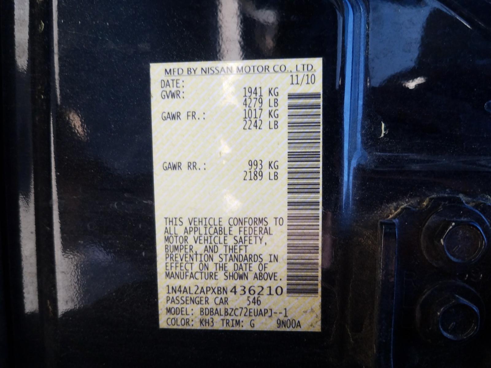 Photo 10 from auction – 2011 NISSAN ALTIMA BAS with VIN 1N4AL2APXBN436210