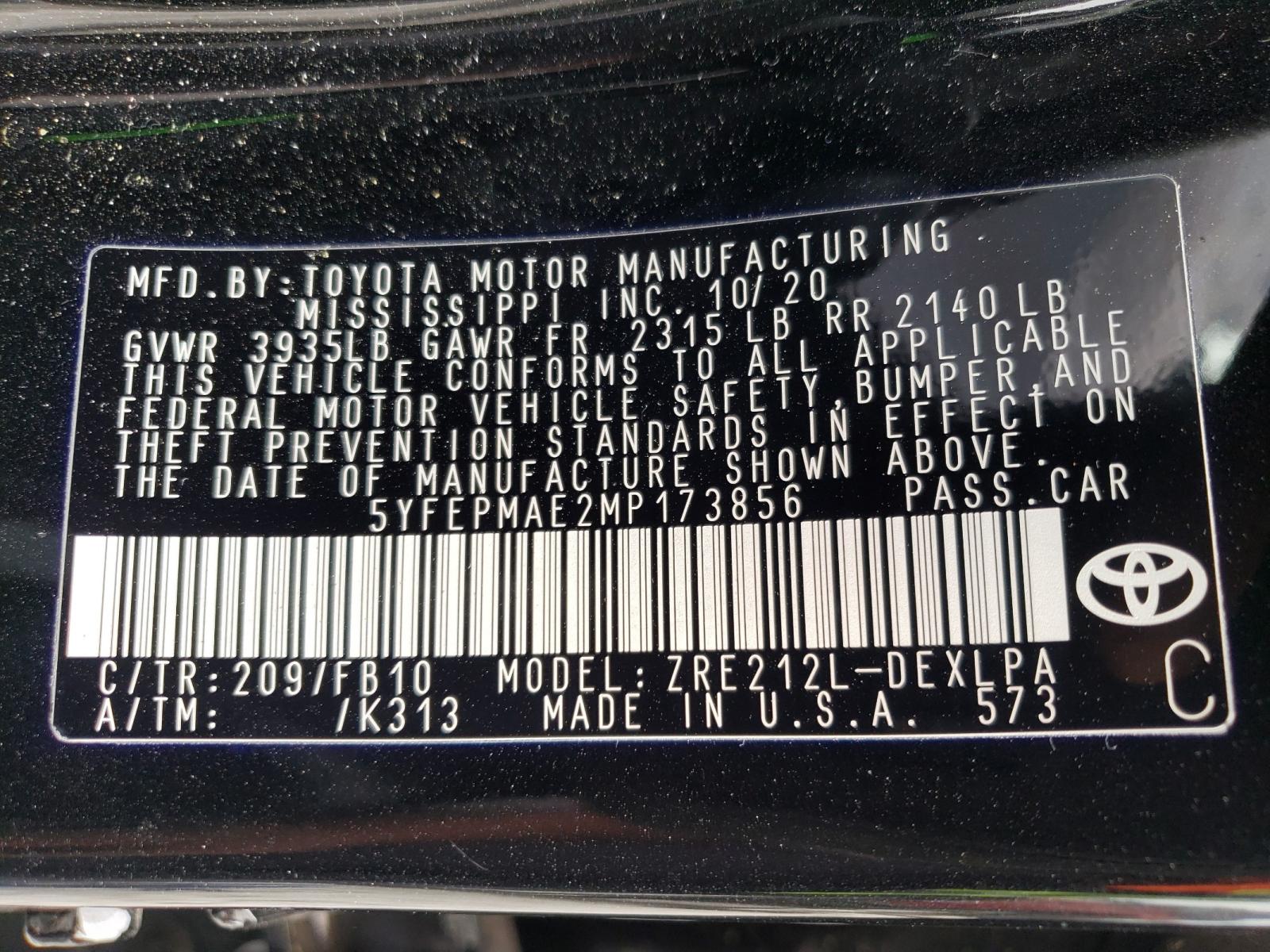 Photo 10 from auction – 2021 TOYOTA COROLLA LE with VIN 5YFEPMAE2MP173856