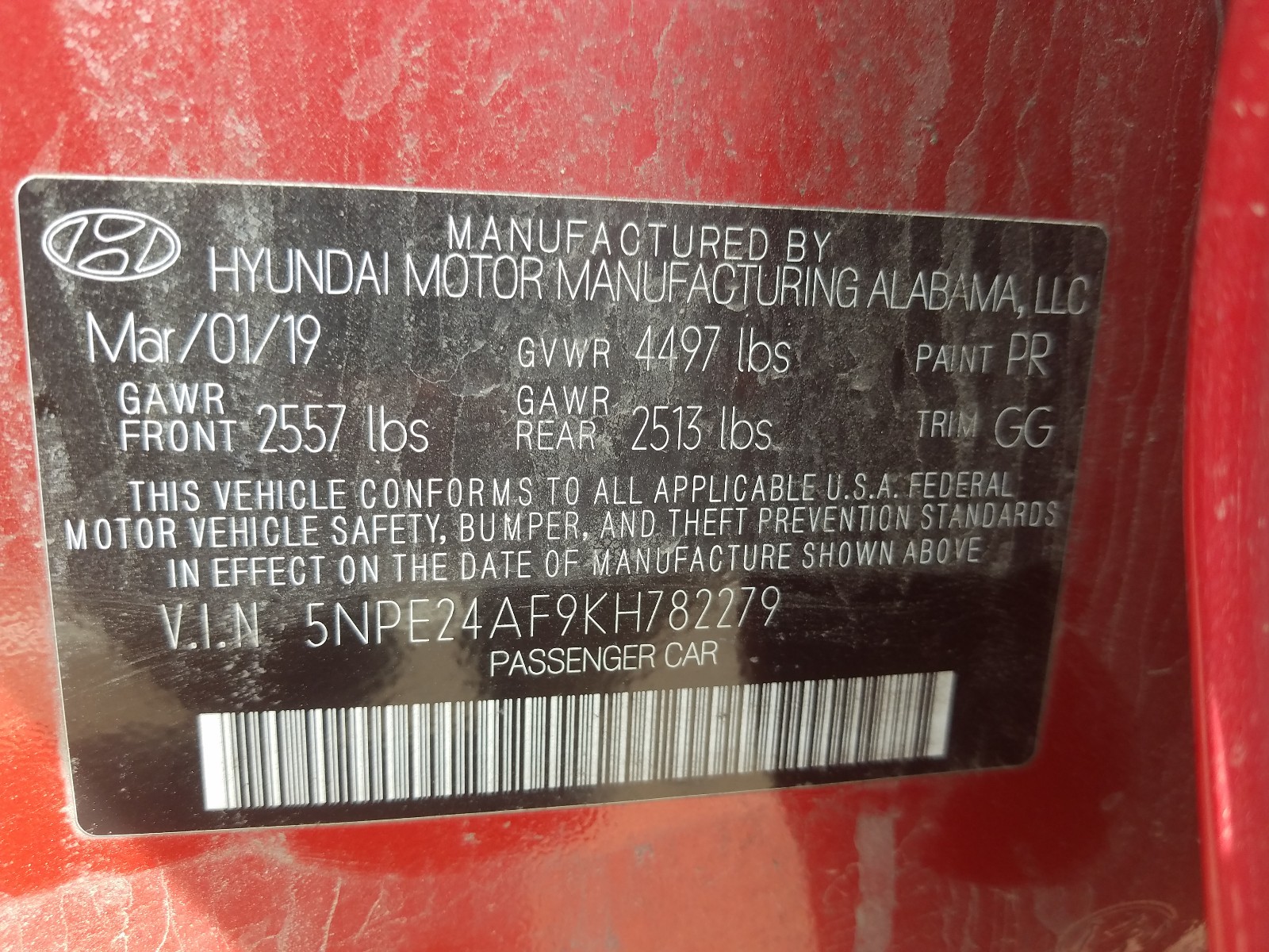 Photo 10 from auction – 2019 HYUNDAI SONATA SE with VIN 5NPE24AF9KH782279