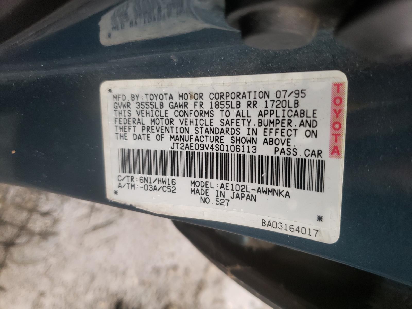 Photo 10 from auction – 1995 TOYOTA COROLLA BA with VIN JT2AE09V4S0106113