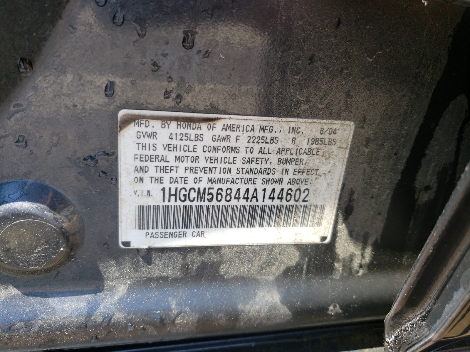 Photo 10 from auction – 2004 HONDA ACCORD EX with VIN 1HGCM56844A144602
