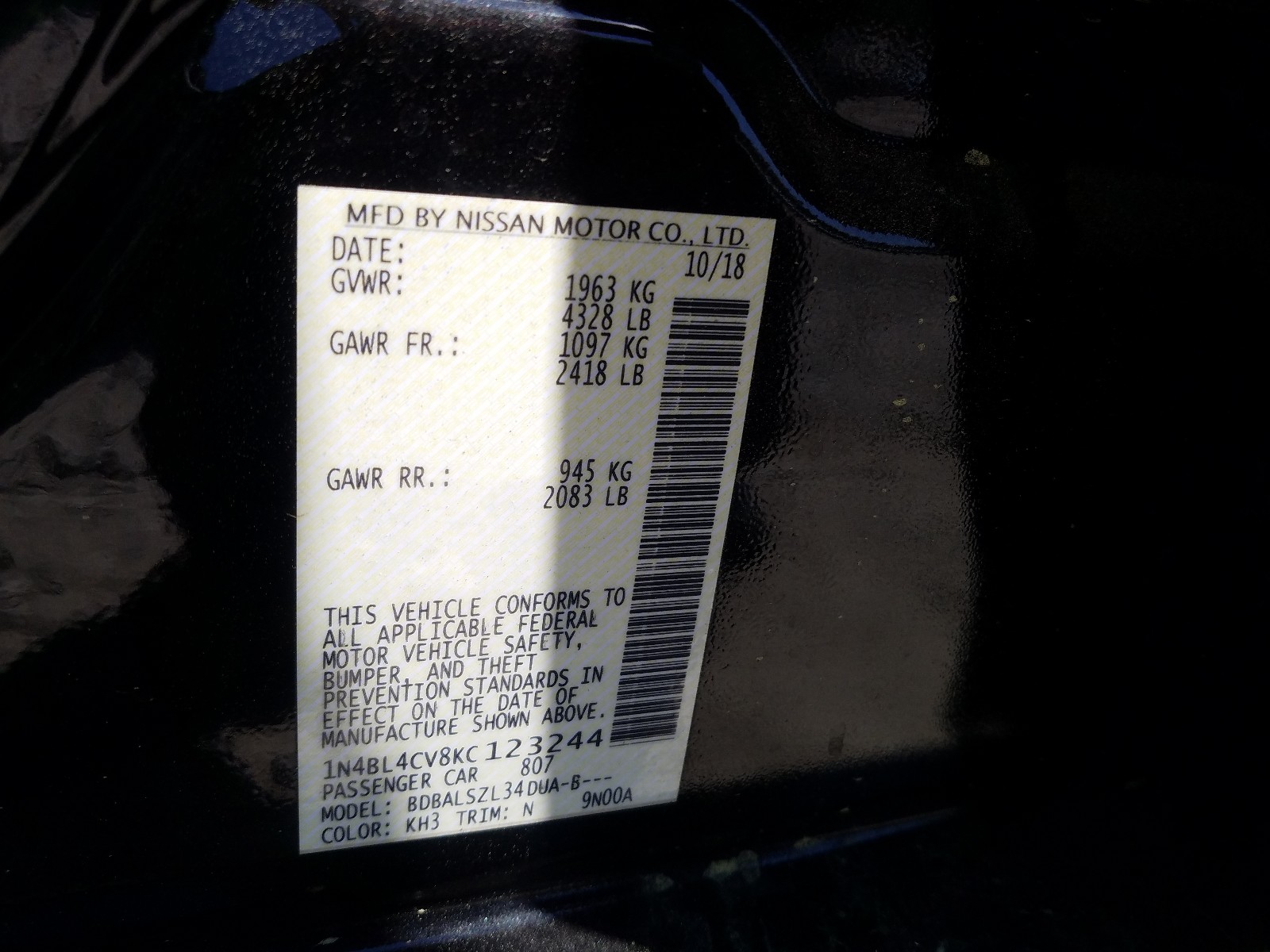 Photo 10 from auction – 2019 NISSAN ALTIMA SR with VIN 1N4BL4CV8KC123244