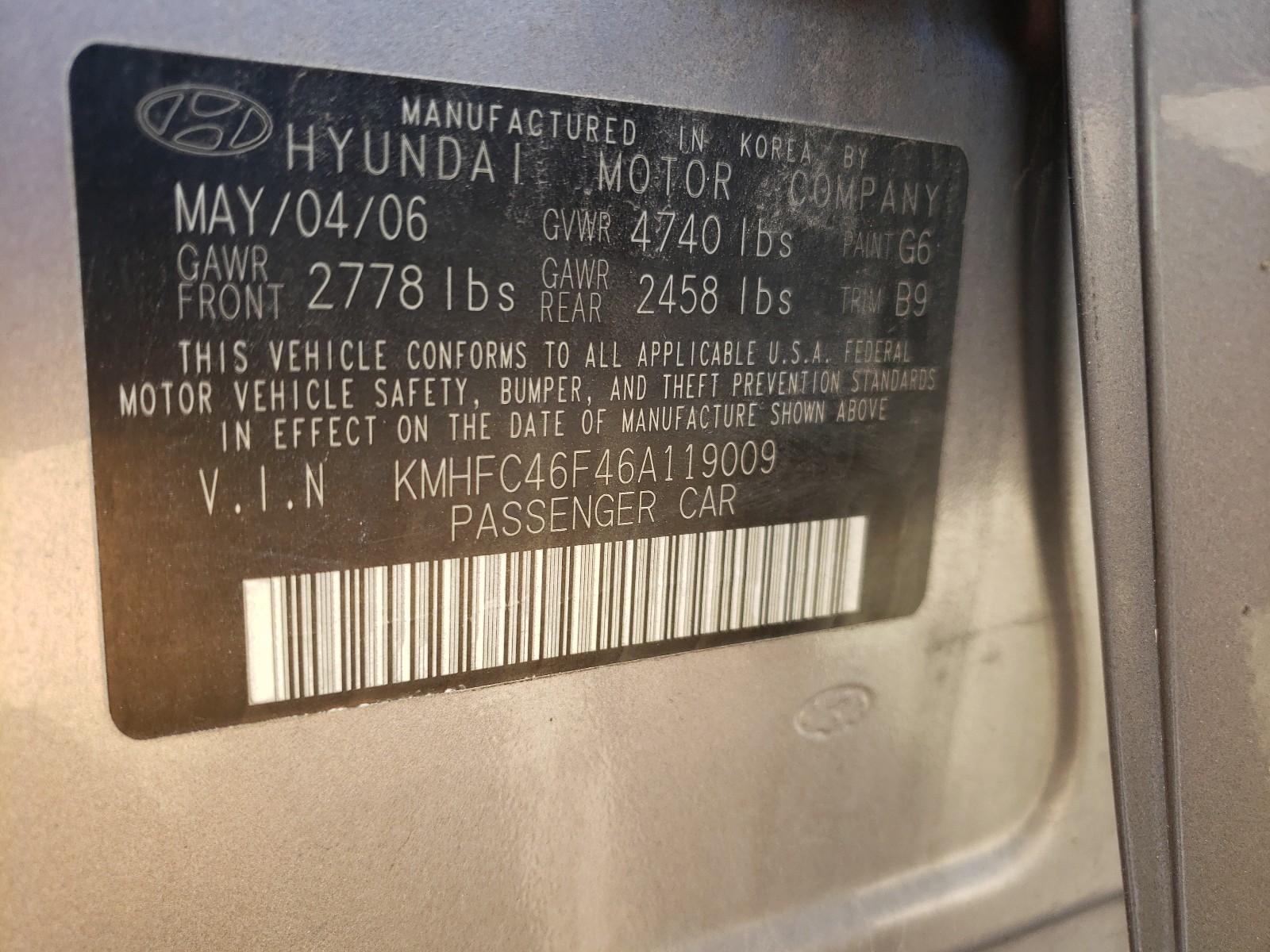 Photo 10 from auction – 2006 HYUNDAI AZERA SE with VIN KMHFC46F46A119009
