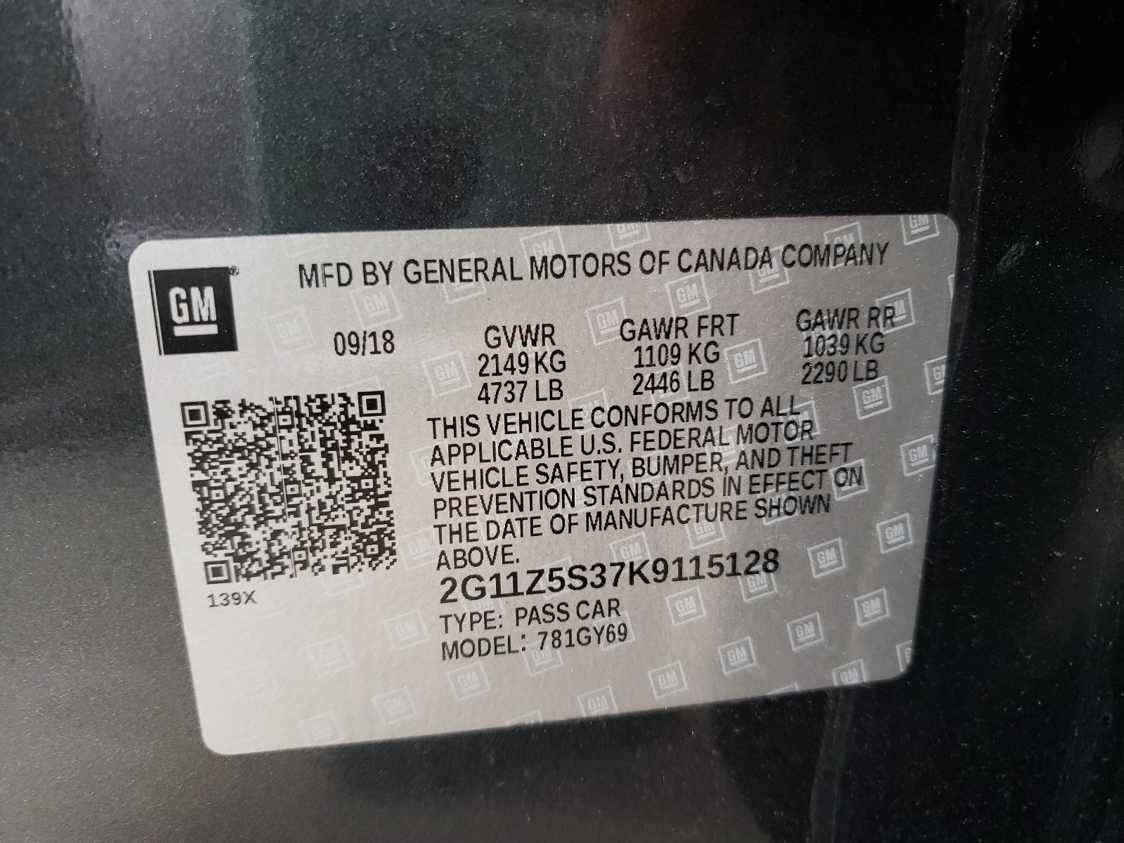 Photo 10 from auction – 2019 CHEVROLET IMPALA LT with VIN 2G11Z5S37K9115128