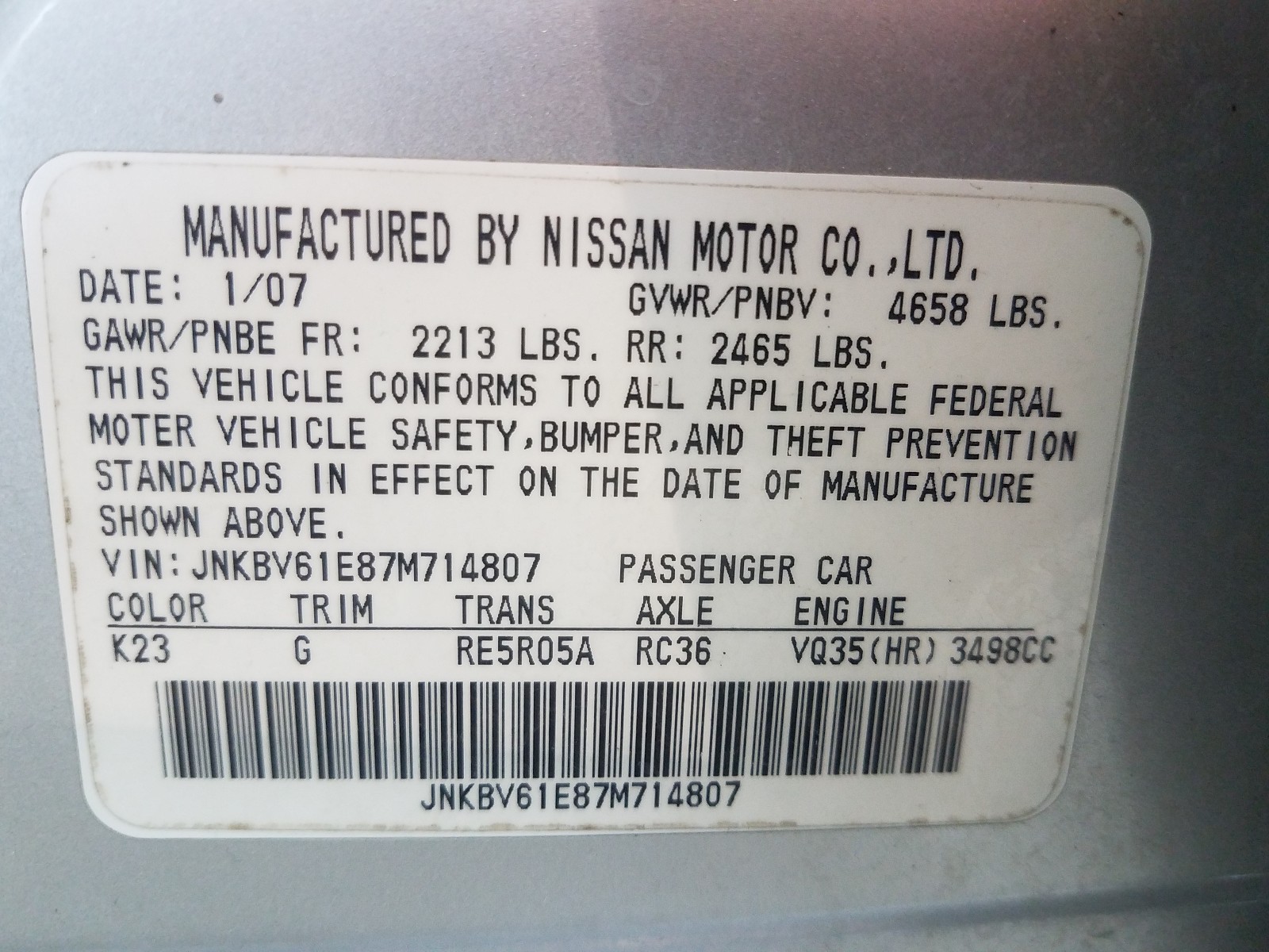 Photo 10 from auction – 2007 INFINITI G35 with VIN JNKBV61E87M714807