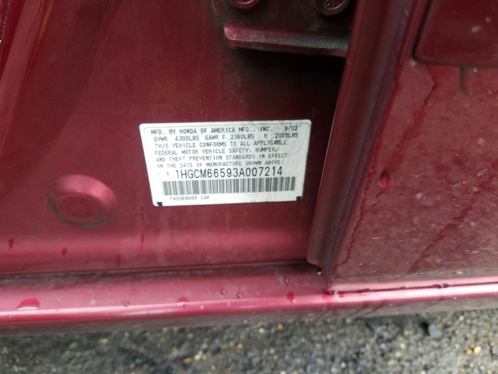 Photo 10 from auction – 2003 HONDA ACCORD EX with VIN 1HGCM66593A007214