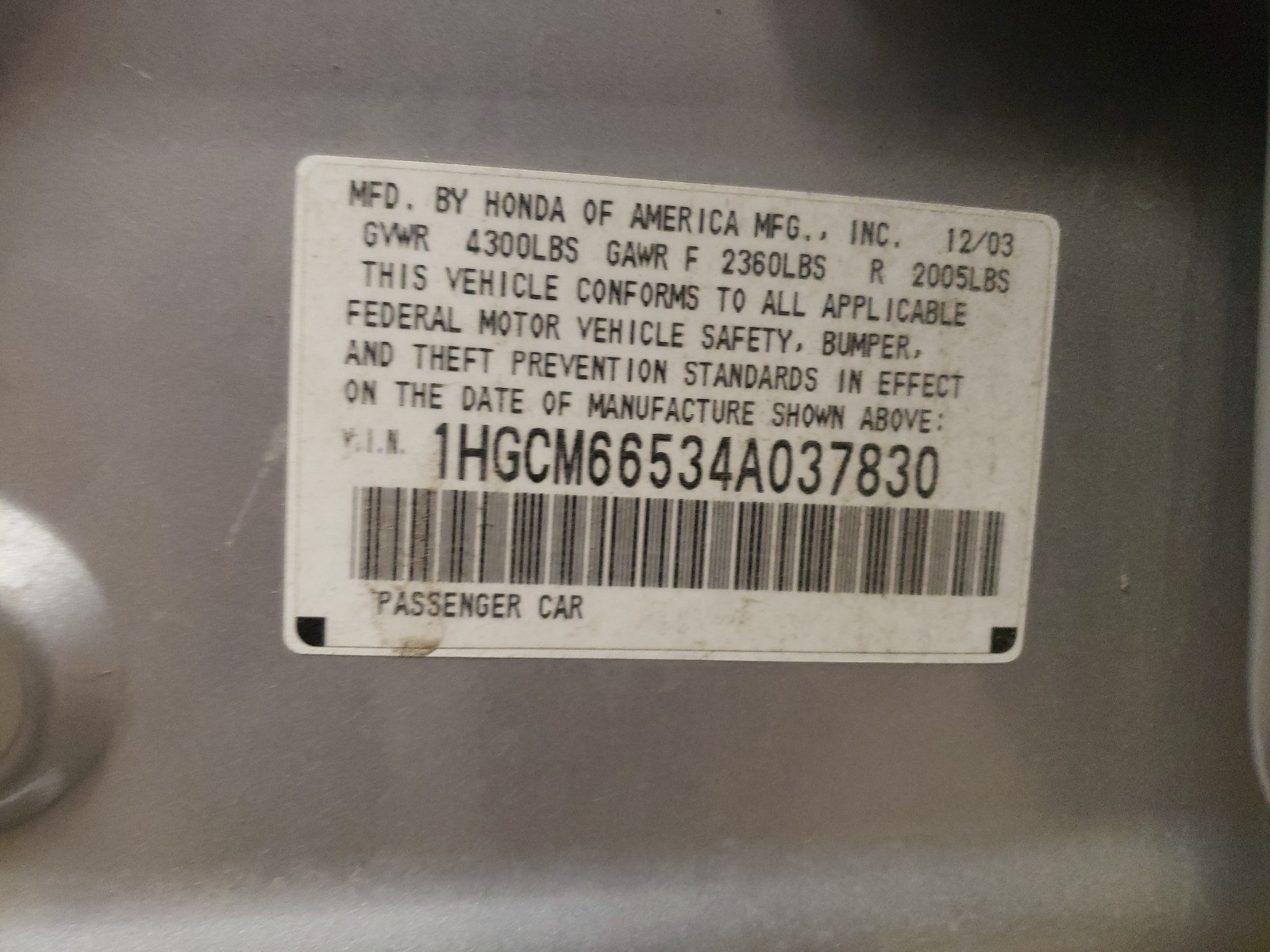 Photo 10 from auction – 2004 HONDA ACCORD EX with VIN 1HGCM66534A037830