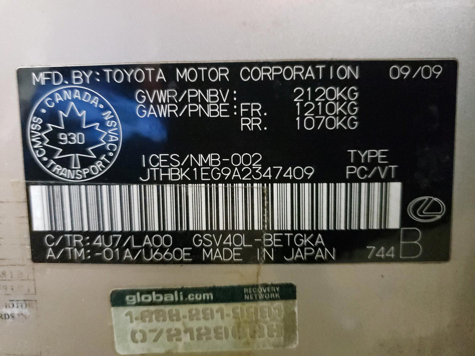 Photo 10 from auction – 2010 LEXUS ES 350 with VIN JTHBK1EG9A2347409