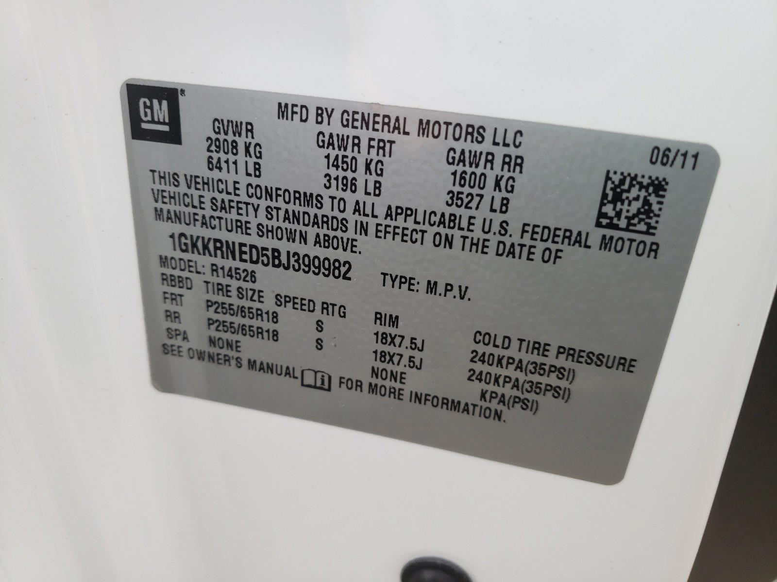 Photo 10 from auction – 2011 GMC ACADIA SLE with VIN 1GKKRNED5BJ399982