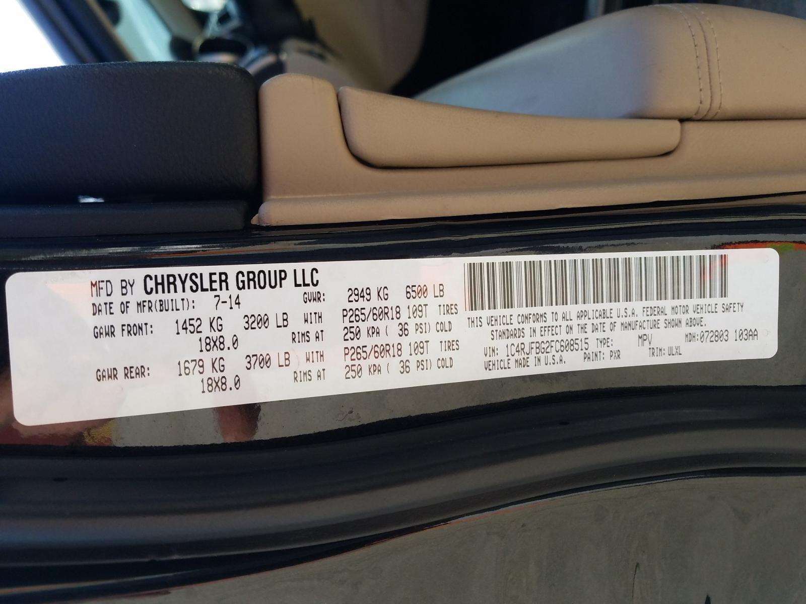 Photo 10 from auction – 2015 JEEP GRAND CHER with VIN 1C4RJFBG2FC608515