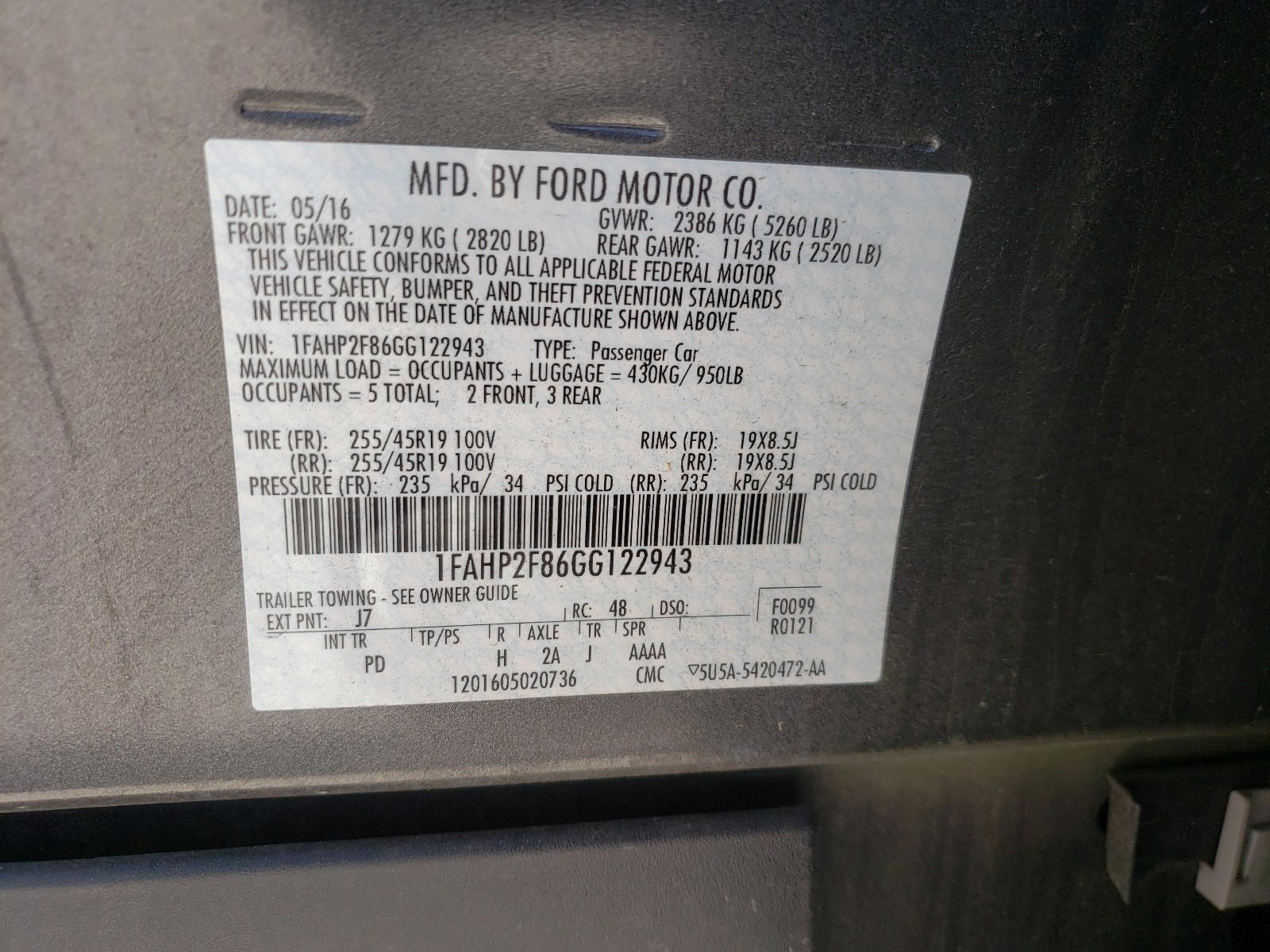 Photo 10 from auction – 2016 FORD TAURUS LIM with VIN 1FAHP2F86GG122943